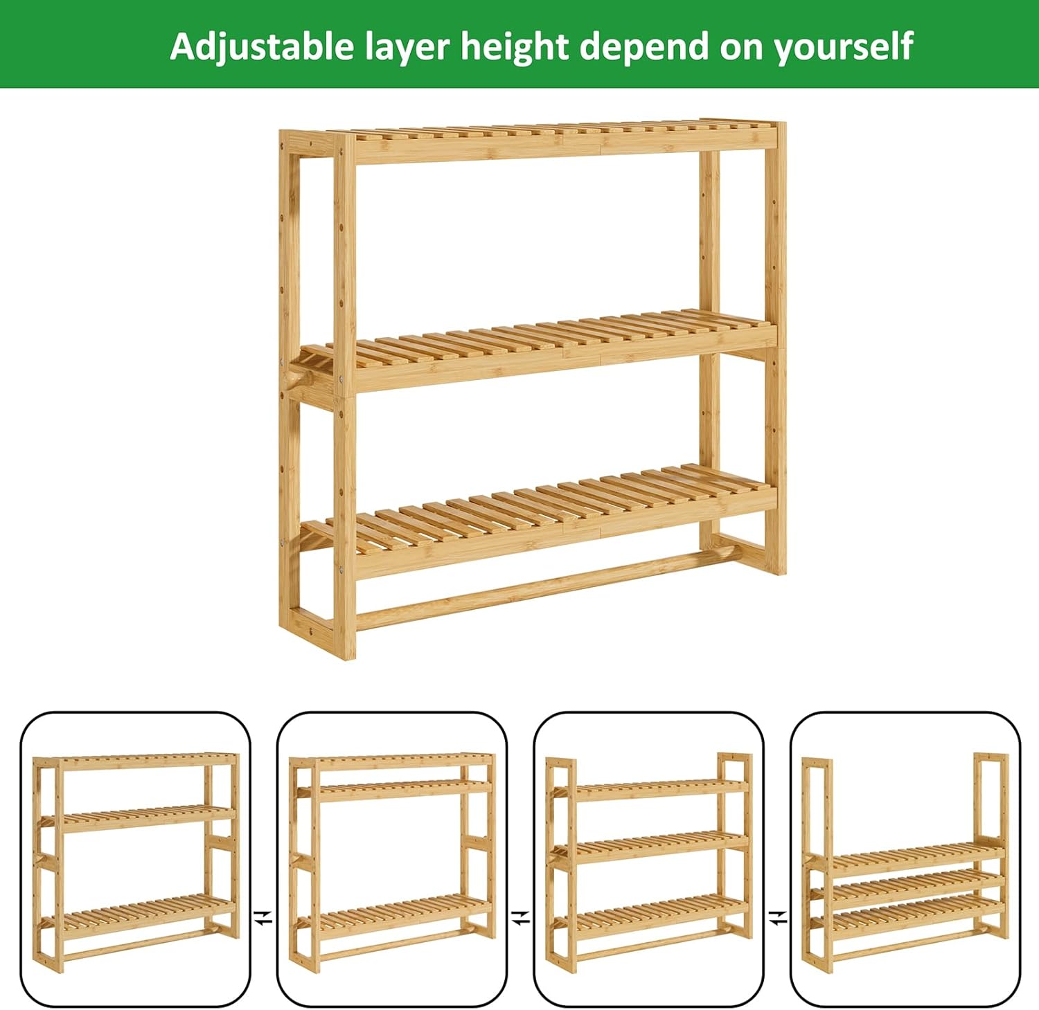RRX Bathroom Shelf Storage Organizer, Bathroom Shelf 3-Tier Adjustable Layer Bamboo Organizer with Bar, Hanging, Freestanding Over Toilet Utility Shelves, Beige