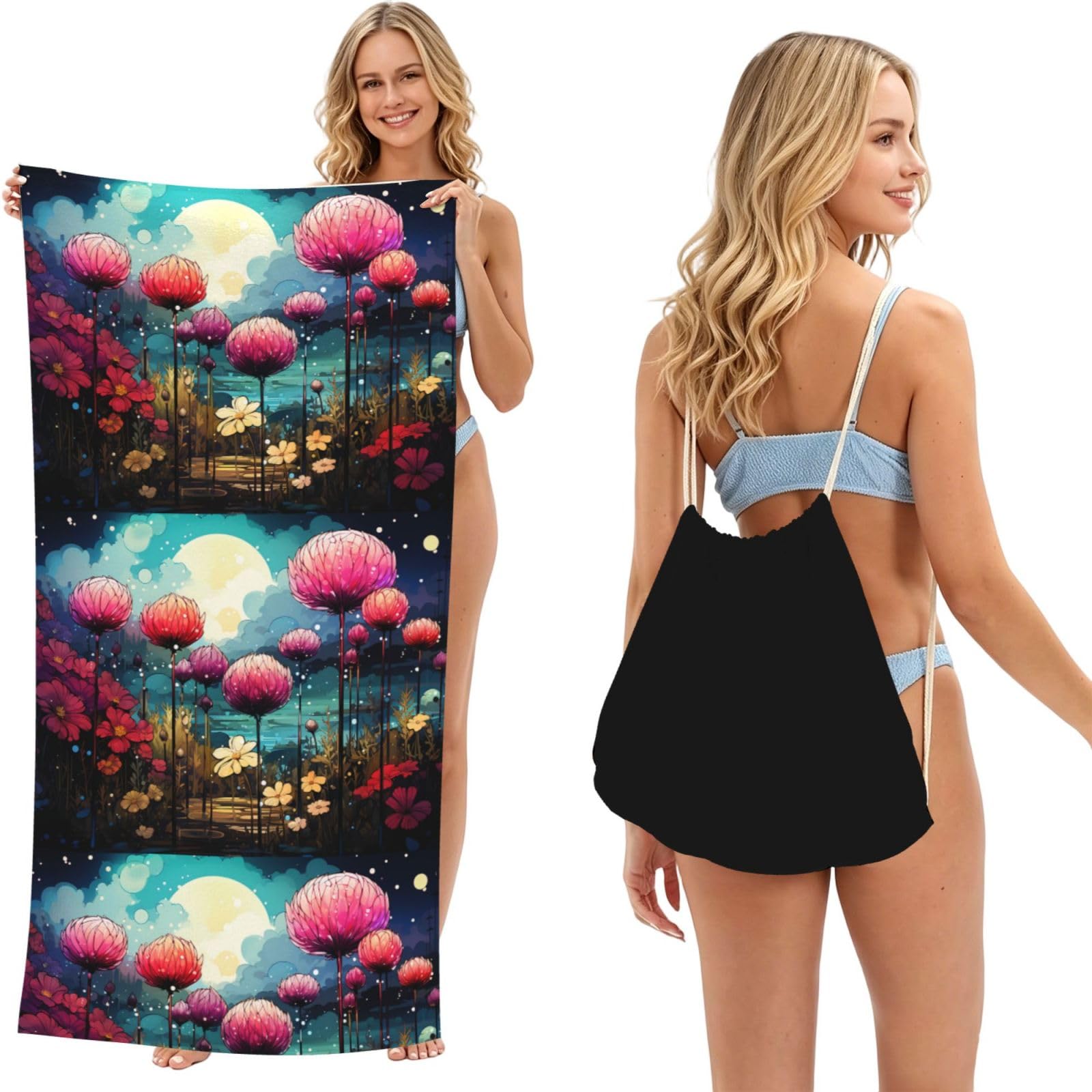 SKGOHLH Flower Sea 2in1 Packable Beach Towel Bag Women