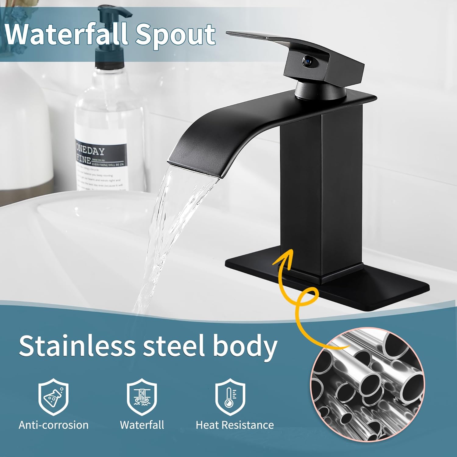 sagetta Waterfall Bathroom Sink Faucet Single Hole Black with Three Hole Cover Deck Plate, Pop up Drain and Water Hoses Stainless Steel Vanity