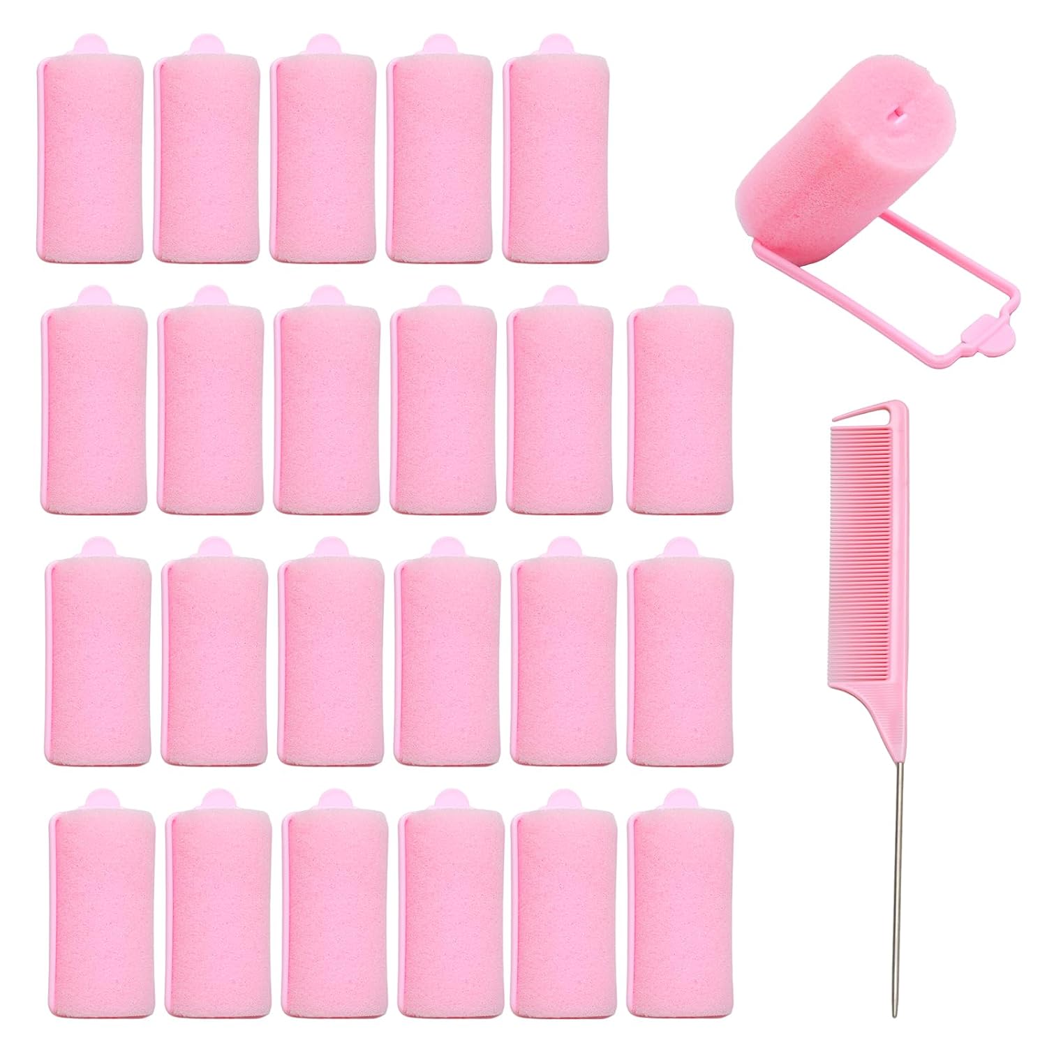 24PCS Foam Sponge Hair Rollers, 1.18 Inch Soft Sleeping Curlers, Hair Styling Sponge Curler and Rat Tail Comb