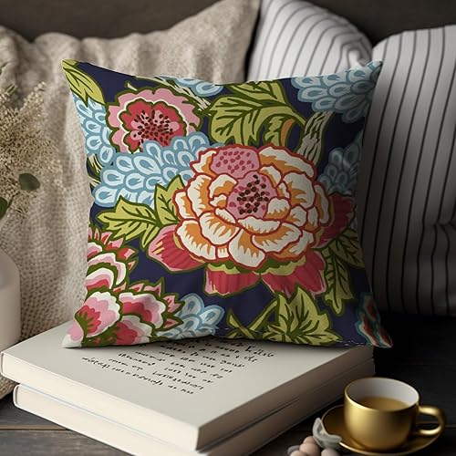 Miniatura 7 de Juego de 2 fundas de cojín con diseño floral de peonía roja y coral, diseño cuadrado de flores chinoiserie, almohada decorativa de doble cara para