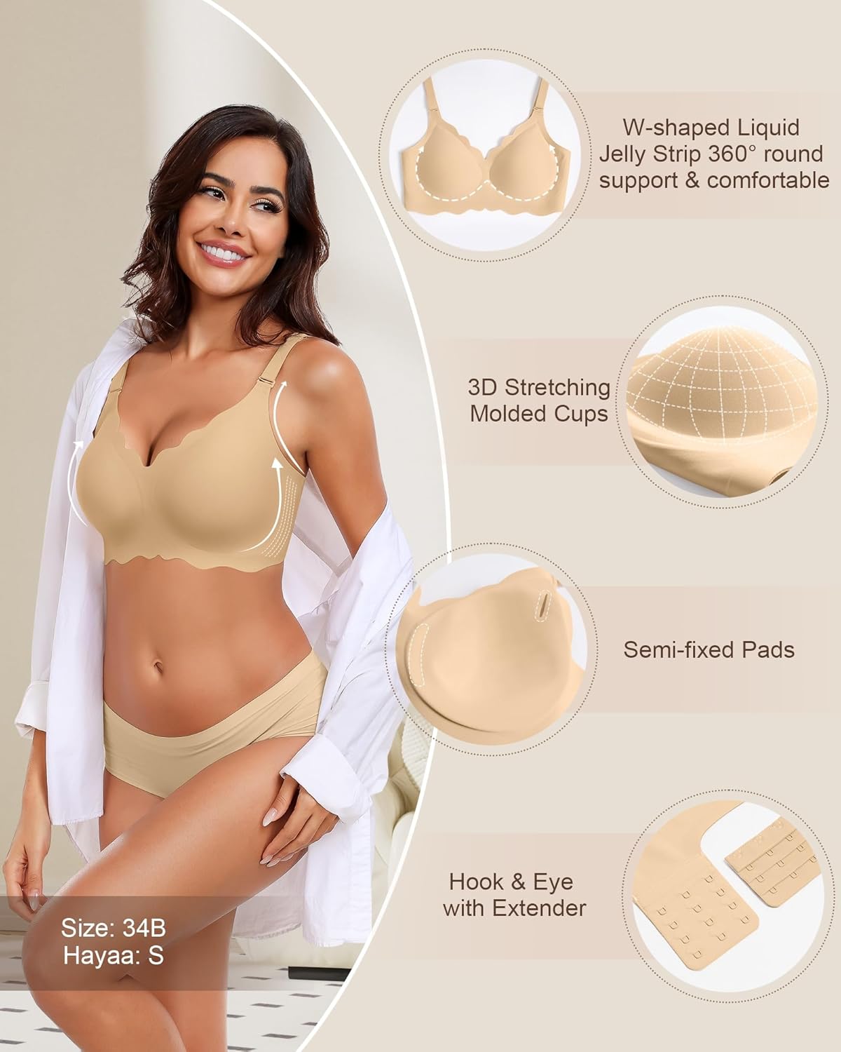 HORISUN Wireless Seamless Bras for Women No Underwire Wavy V Neck Soft Support Full Coverage Comfortable Bra - Image 3