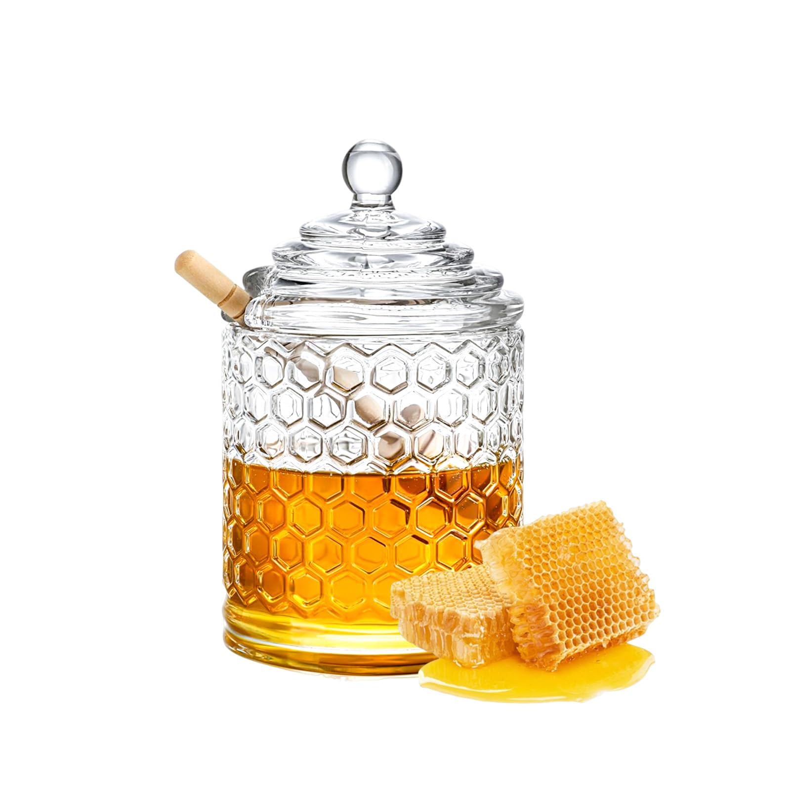 Yuedefly Honey Jar with Dipper and Lid, 280 ml Glass Honey Dispenser with Wooden Dipper, Clear Glass Honey Pot for Honey, Syrup and Jam