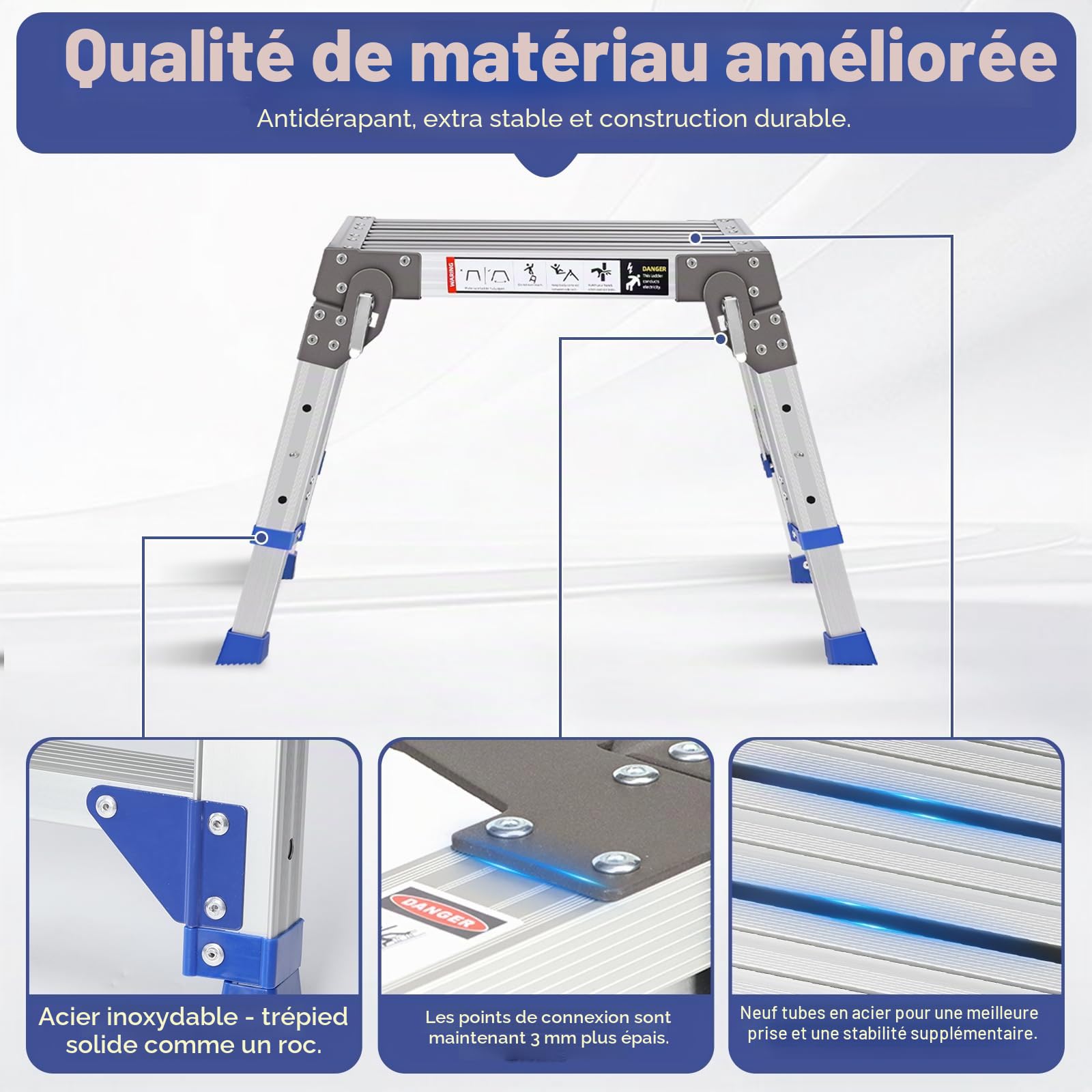 Marchepied pliable en aluminium robuste (jusqu'à 362 kg), marche réglable en hauteur sur 3 positions (32-42 cm), antidérapant, pour camping-car, garage et coffre de toit