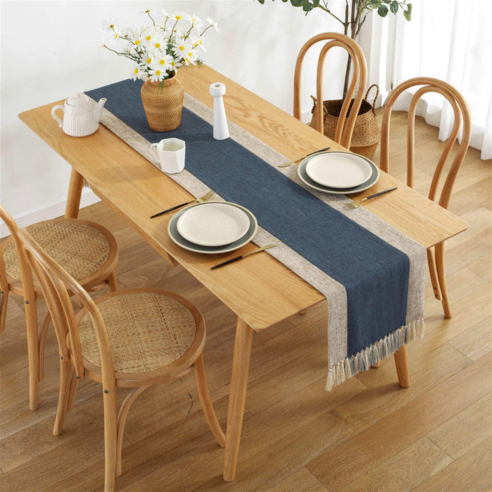 Cozomiz Runner da Tavola Moderno con Nappa in Lino Cotone Banda Ricamo Elegante Motivo Tavolo Band per Partito di Pranzo Decorazione 32x200cm Verde