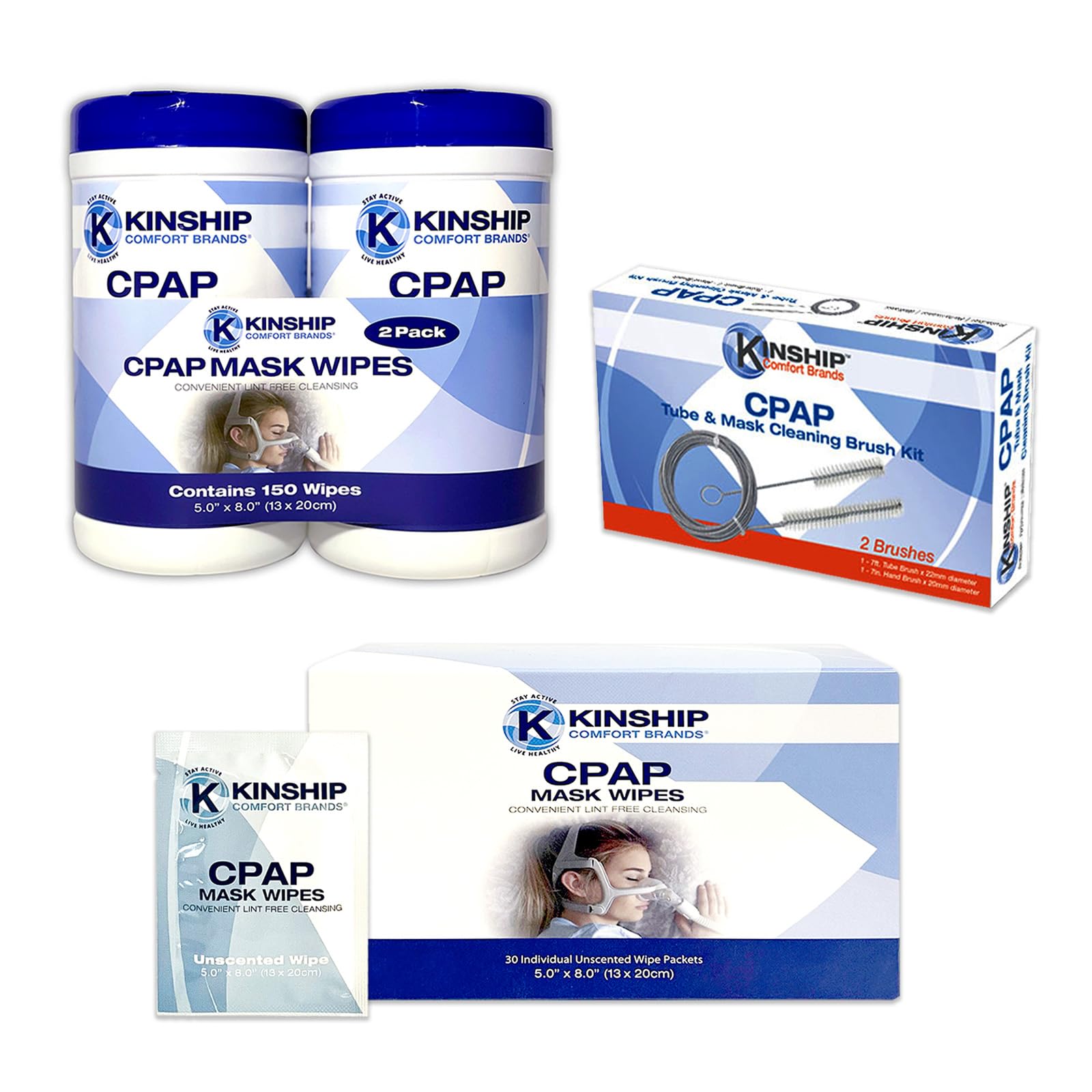 CPAP Mask Cleaning Wipes (150 Count of 2-75 Count Canisters) Unscented & 1 CPAP Cleaning Brush Kit & 30 Pack Travel CPAP Cleaning Wipes