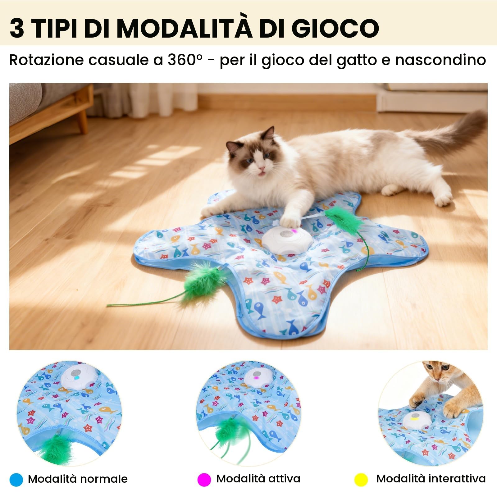 FIVAVA Giocattolo Interattivo per Gatti, Giocattolo per Gatti Ricaricabile e Silenzioso, Giochi per Gatti da Caccia con 3 Piume Sostituibili