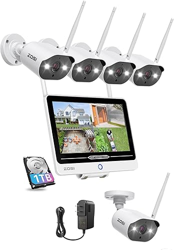 ZOSI Sistema de cámara de seguridad inalámbrica 2K 8CH todo en uno con monitor LCD de 125 pulgadas 5 cámaras de foco IP WiFi de 3MP para exteriores