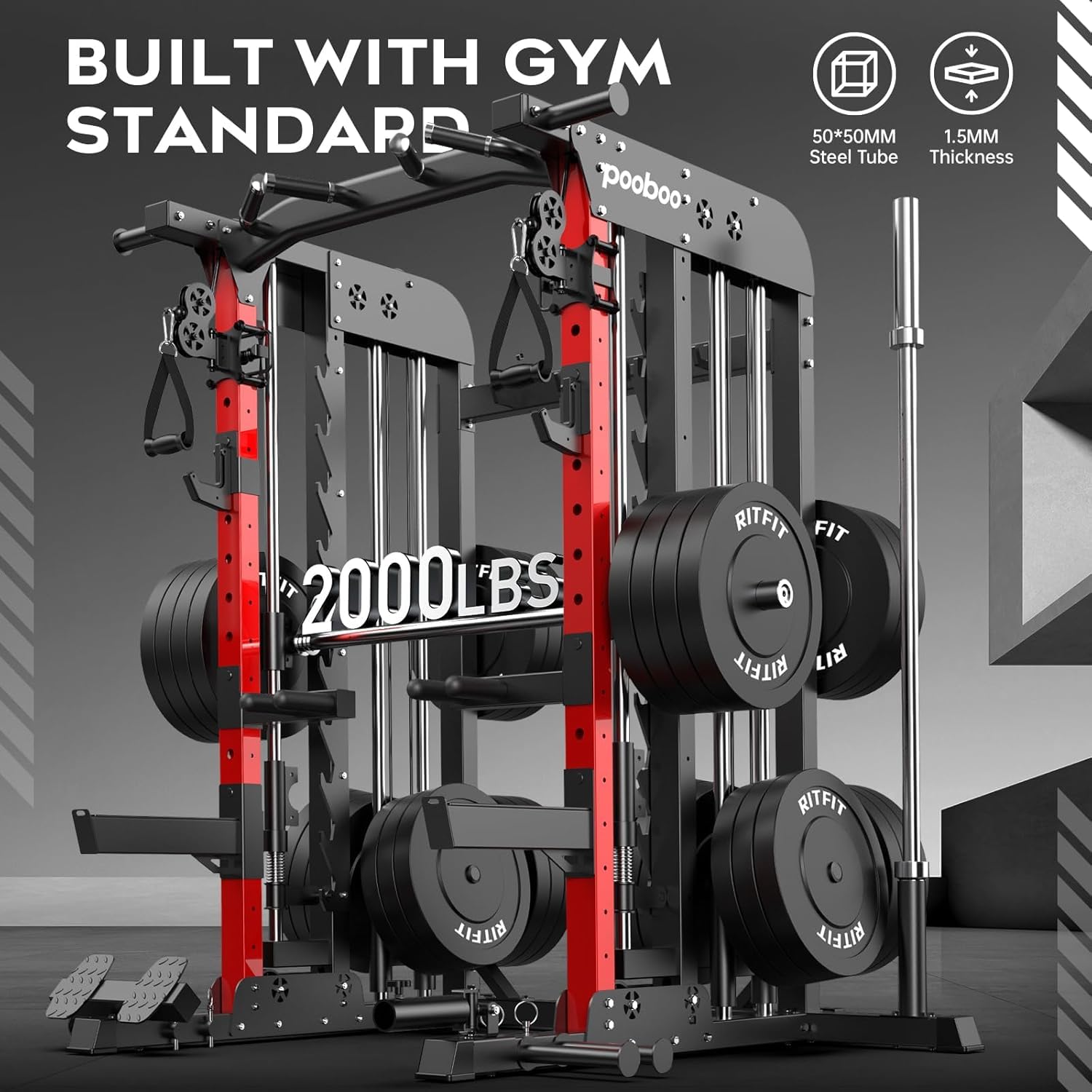 Image of the fully assembled Pooboo P43 Multi-Functional Power Cage with weights, showcasing its robust construction.