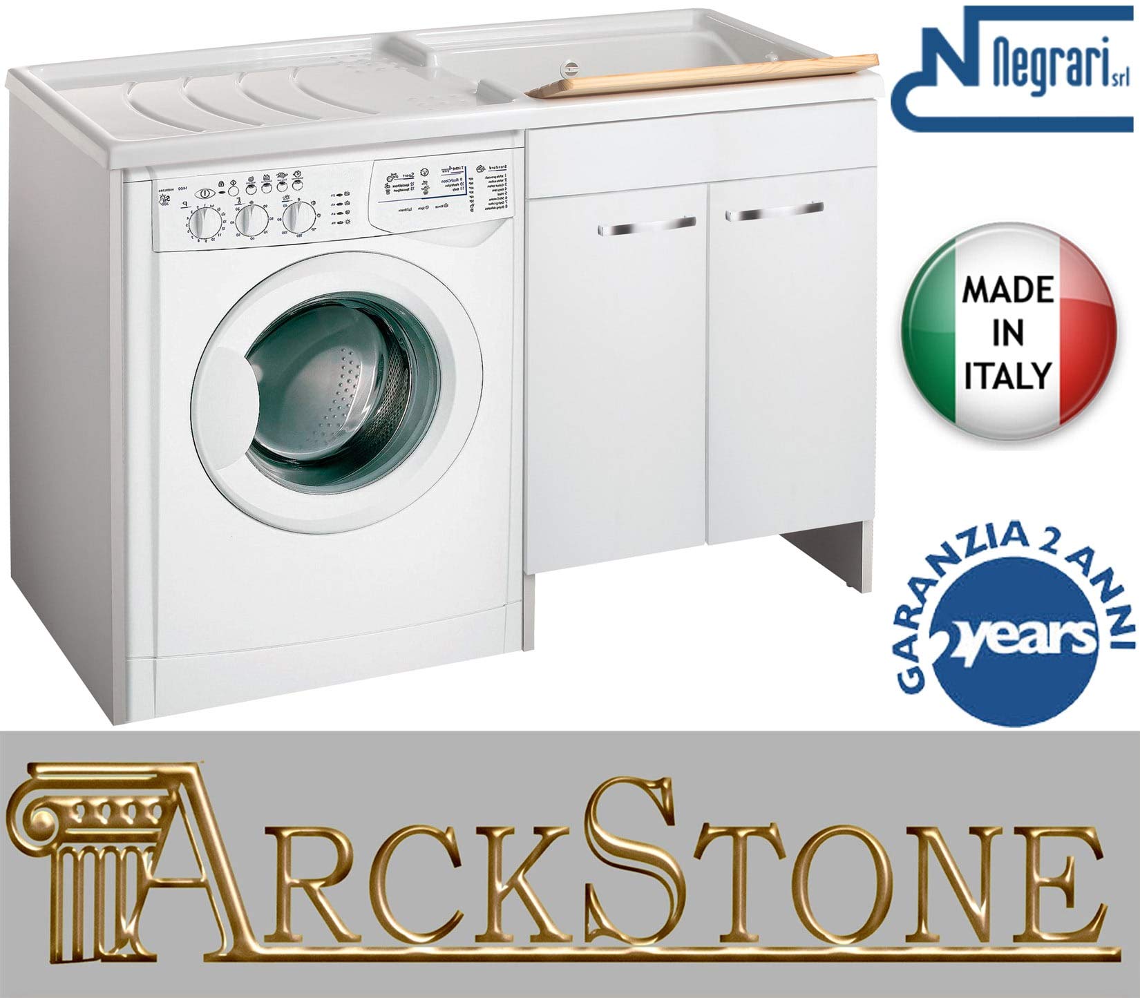 Negrari Classica Lavatoio Coprilavatrice Montato Vasca Destra Lavatrice Sinistra Bianco Anta Battente Cerniere Chiusura Rallentata Mobile Lavabo Polipropilene Asse Pino Interno L124 P60 124x60 H92 cm