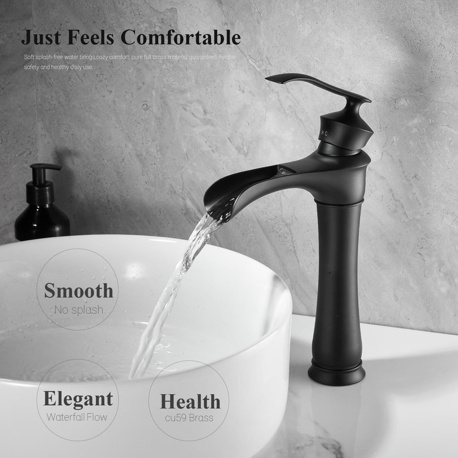 Robinet mitigeur de lavabo à hauteur haute, bec cascade pour salle de bain, robinet de lavabo en laiton, robinet mitigeur moderne à levier unique chaud et froid pour vasques de comptoir, noir