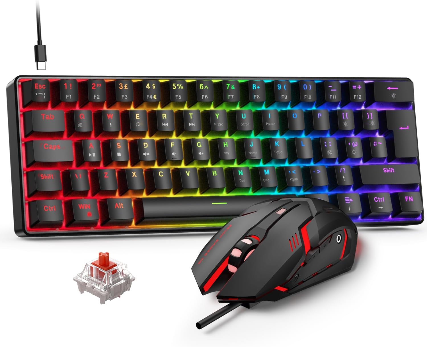 Gaming Keyboard and Mouse Set, 60% Compact UK Layout Mini Mechanical Keyboard with RGB Backlit, Red Switch, USB-C Wired, Ergonomic 4-Color LED Gaming Mouse, Portable Set for PC Mac Xbox PS5