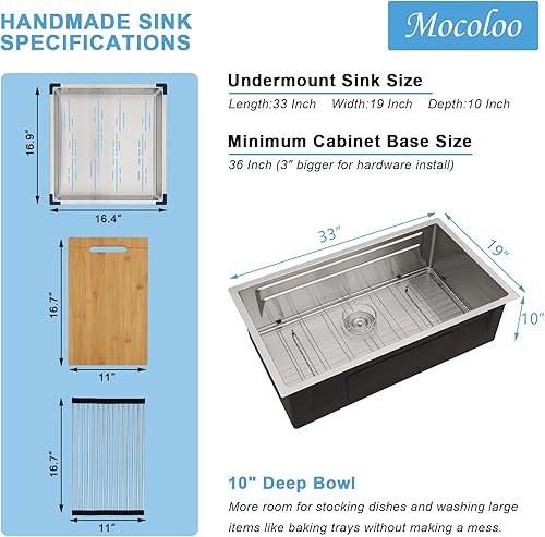 Miniatura 7 de Mocoloo - Fregadero de cocina de montaje inferior 33 x 19 pulgadas, fregadero de acero inoxidable de 16 G, estación de trabajo, fregadero de cocina,
