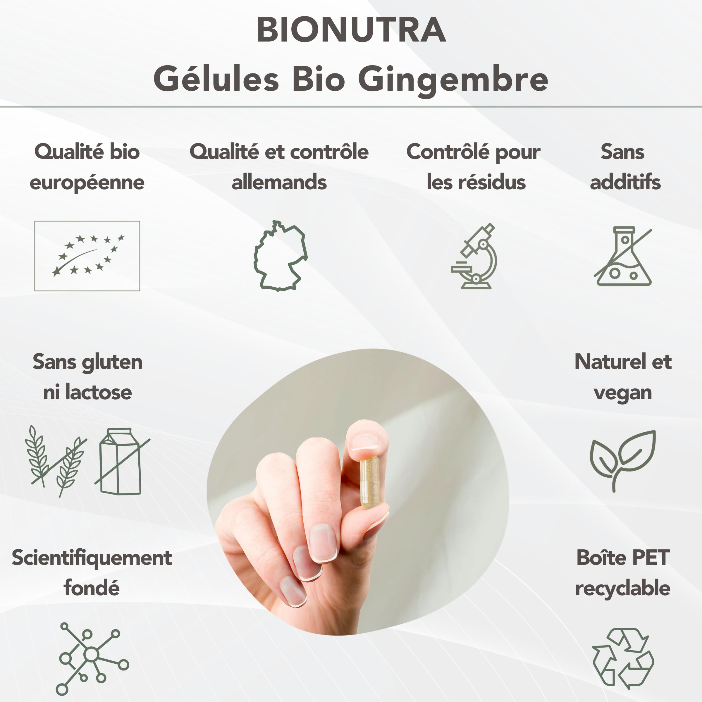 BIONUTRA® Gélules gingembre bio hautement dosées 1300 mg/jour, contrôlées résidus, fabrication allemande, véganes, sans lactose ni gluten, sans additifs, 270 pièces x 650 mg