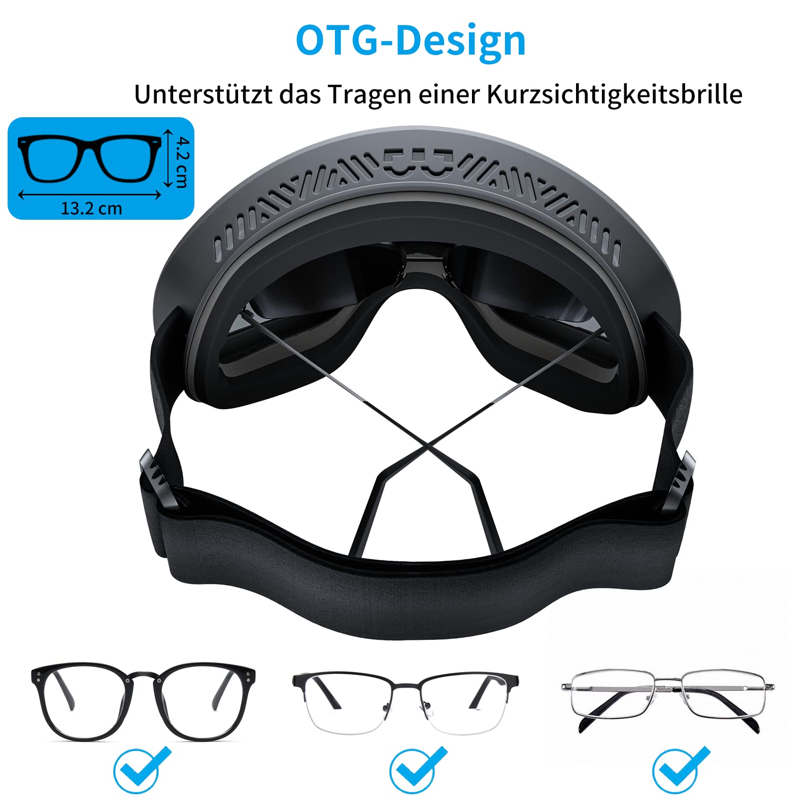 Yeerain Occhiali da sci unisex, da donna, per chi indossa occhiali, design OTG, protezione UV, occhiali da neve, anti-appannamento, sferici, riflessi per ragazzi e ragazze