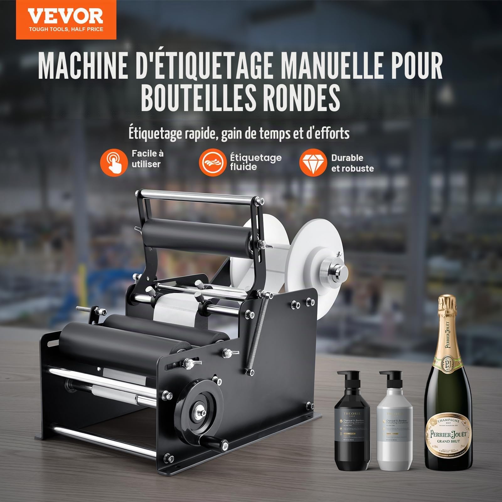 VEVOR Étiqueteuse manuelle ronde, 15-20 pièces/min, applicateur d'étiquettes pour bouteilles rondes, étiqueteuse manuelle réglable adaptée aux étiquettes de bouteilles longueur/largeur entre 10-130 mm