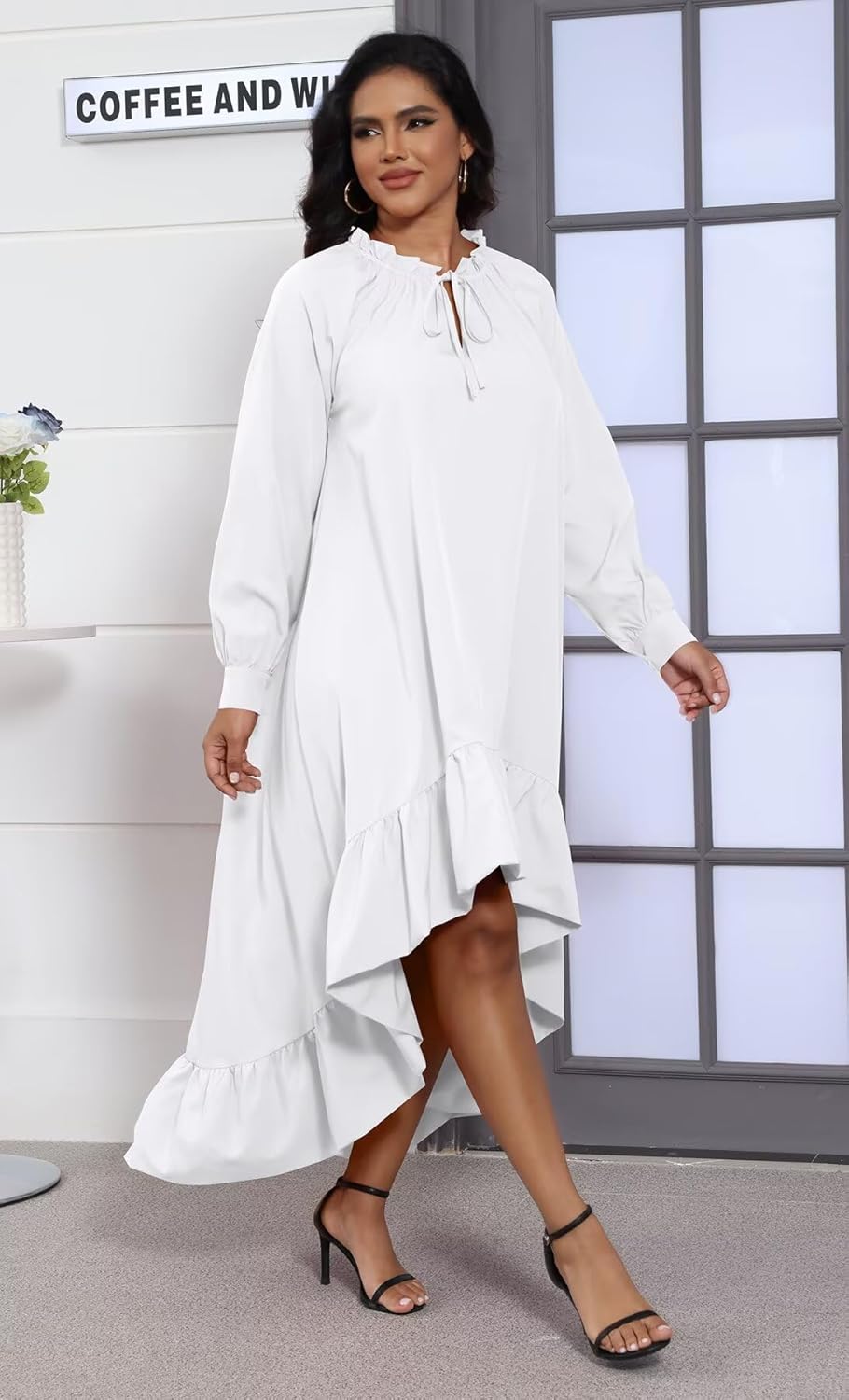 kaimimei Womens Maxi Dress Casual Fall Long Sleeve High Low V Neck Ruffle Flowy Boho Party Long Dresses - Image 5