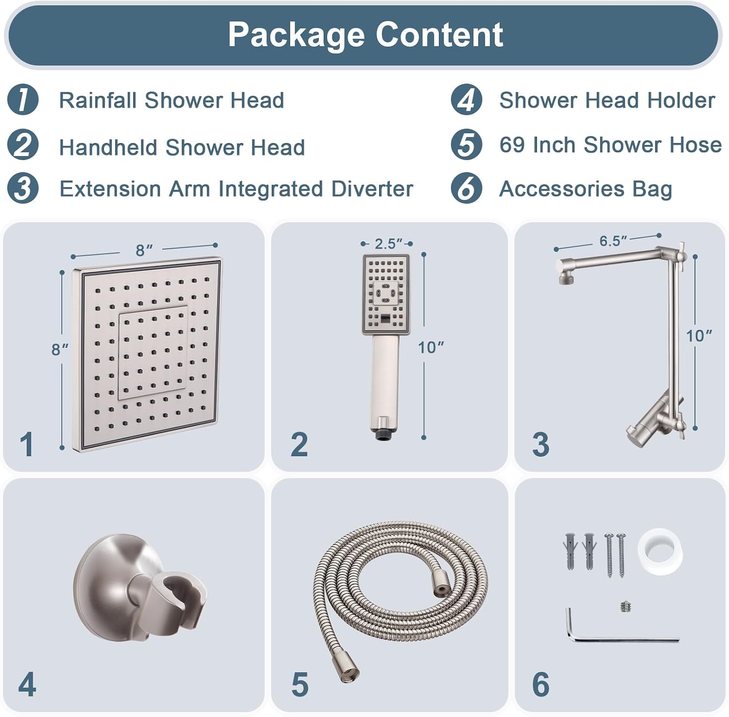 BRIGHT SHOWERS High Pressure Rain Shower Head Combo with Double Extension Arm, 8 Inch Rainfall Shower Head with Handheld Spray, Height Adjustable Dual Square Showerhead Set, Brushed Nickel