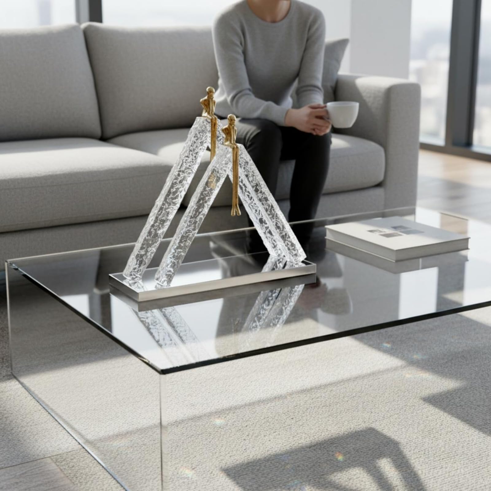 Gralara Figura con Base Espejo Transparente Escultura Geométrica Peculiar Estatua para Recibidor, Estantería