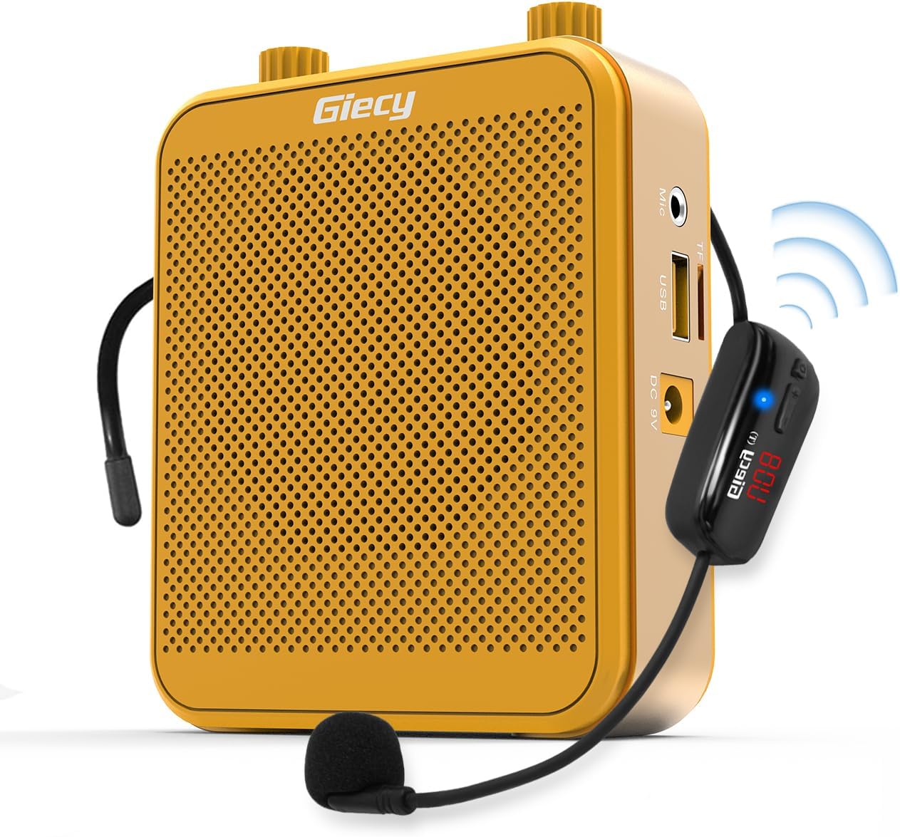 Giecy Portable Voice Amplifier with UHF Wrieless Microphone Headset, 30W Bluetooth Rechargeable Personal Voice Amplifier, PA System Speaker for Classroom, Meetings and Outdoors (Yellow)