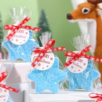90 Pcs Christmas Soap Bars Christmas Gift Bulk with 30 Holiday Glycerin Snowflake Xmas Tree Santa Clause Gingerbread Men Soap 30 Bag 30 Tag for Guest Coworker Bathroom(Blue,Blue Snowflake)