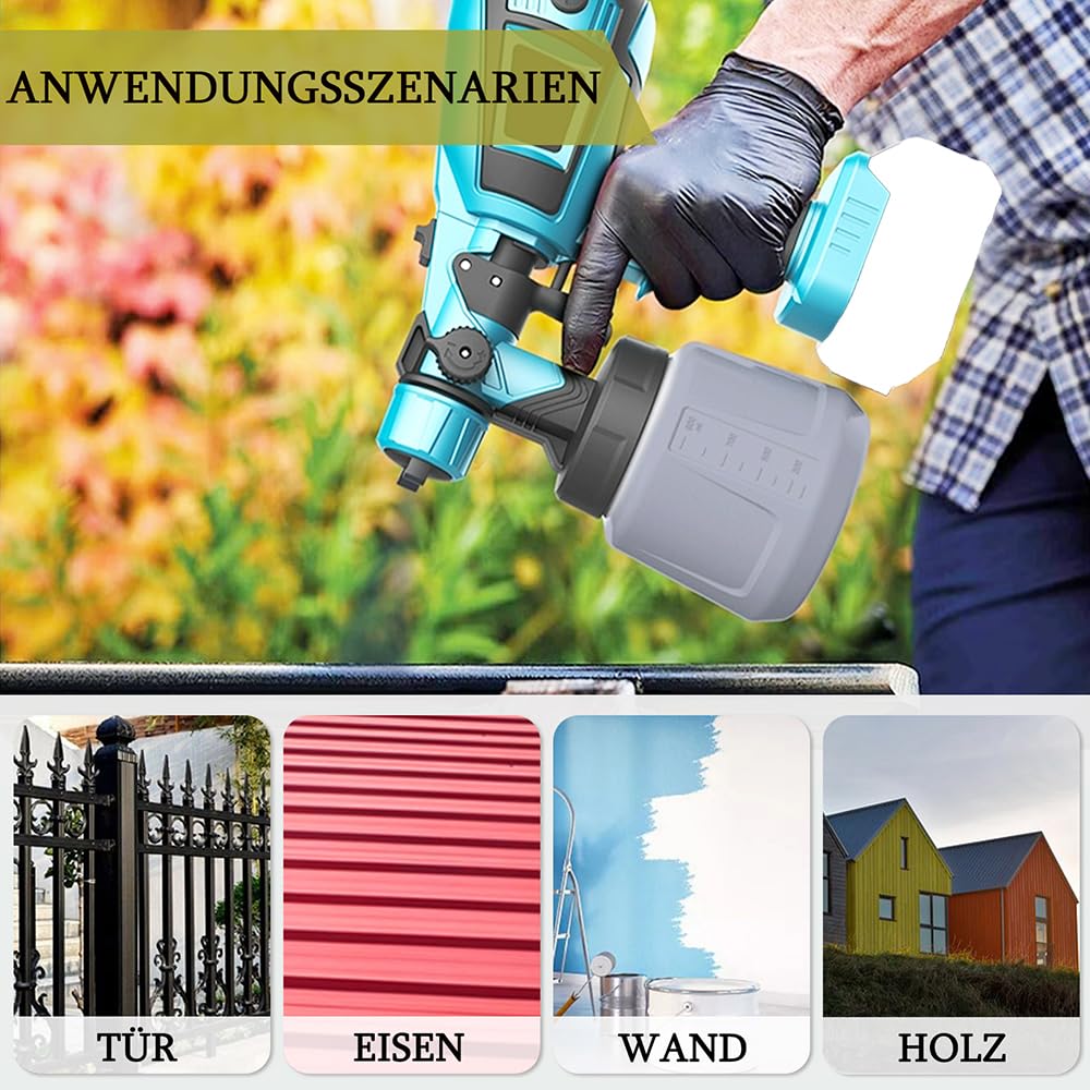 Akku Farbspritzpistole für Makita 18V Akku, 1000ml Farbsprühgerät, mit 3.0AH Akku und Ladegerät,3 Düsen und 3 Spritzmuster,von Wänden Gartenzaun Sprühgerät