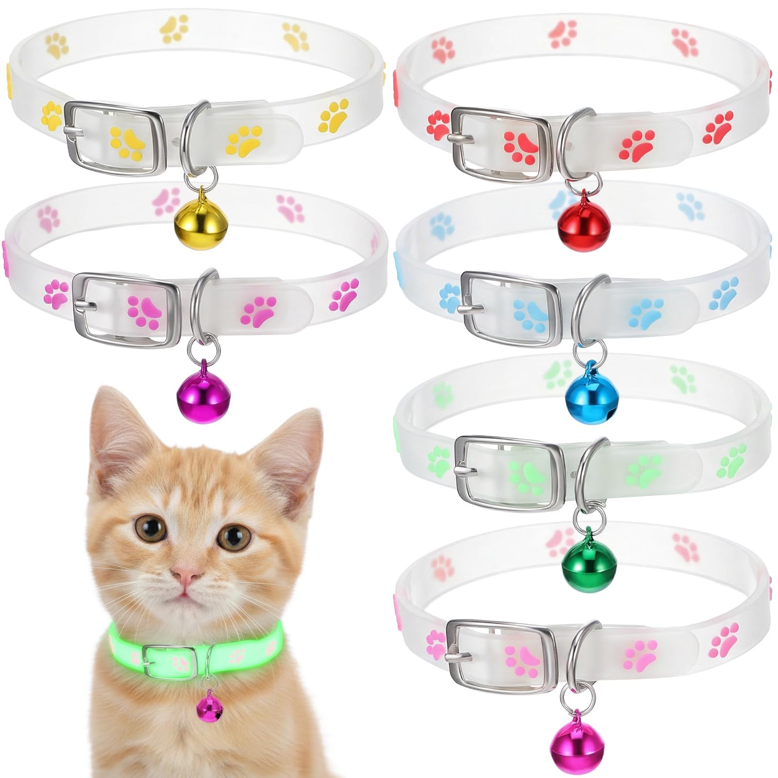 Molain 6Pcs Reflective Cat Collars, Adjustable Silicone Kitten Collar Lightweight with Bells Anti-Lost at Night Pet Collars Night Safety Pet Collar for Cats Kitten Small Pets