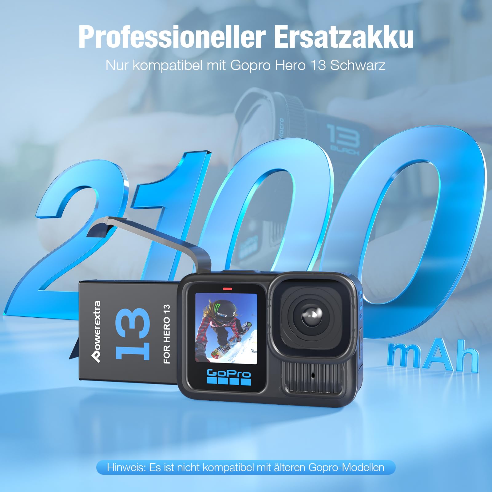 2 Ersatzakkus für GoPro Hero 13 Black und Schnellladegerät - 2er-Pack 2100mAh-Akkus und 3-Fach-USB-Ladegerät, kompatibel mit Original GoPro 13