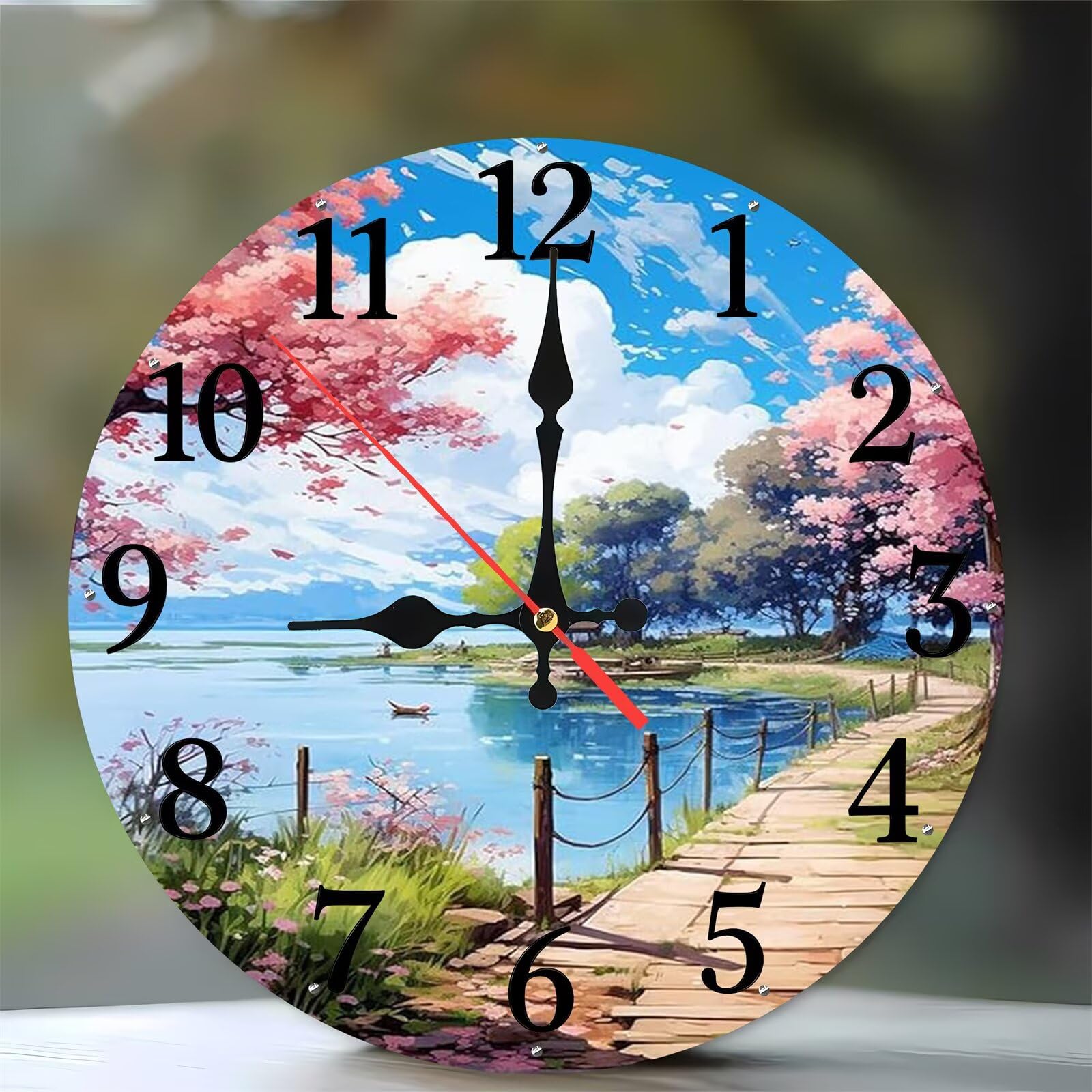 Horloge murale en bois ronde de 35 cm avec motif paysage de bord de mer pour salon