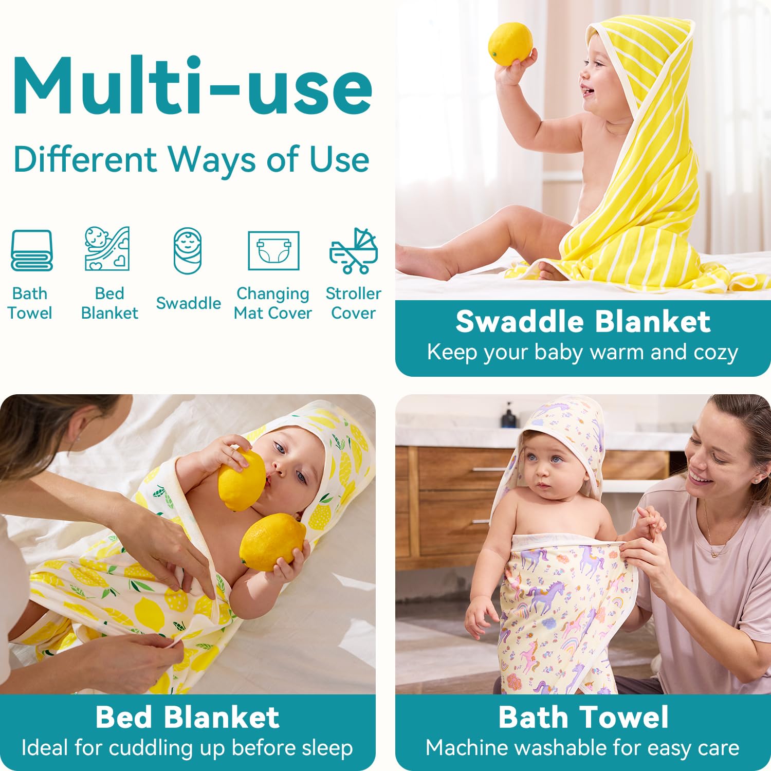 babee Reshinee Paquete de 2 toallas con capucha para bebé, toallas de baño de viscosa de bambú suaves para recién nacidos, regalos de baby shower, esenciales de baño para niñas pequeñas (limón, 29 x