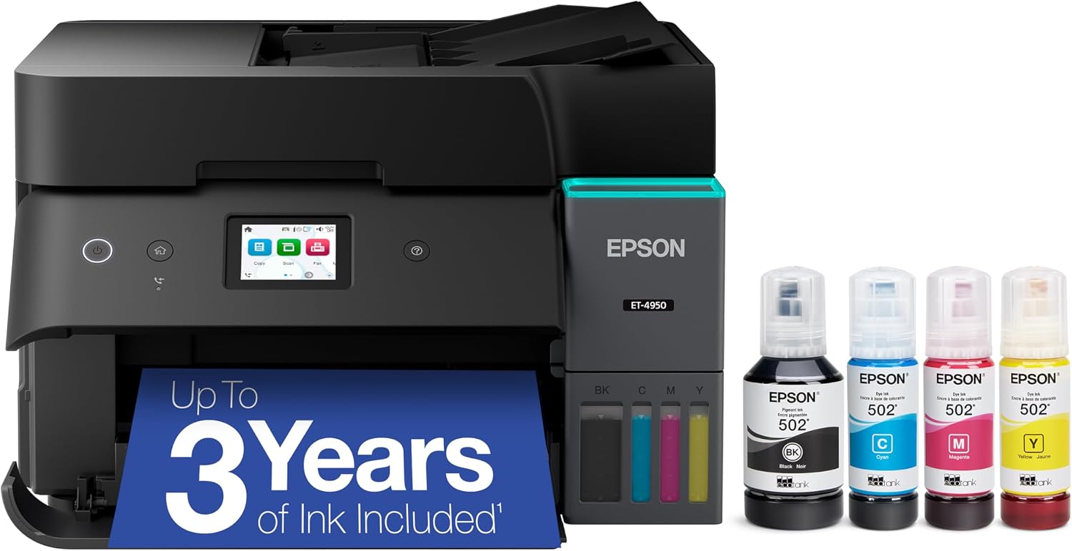 Epson EcoTank ET-4950 Wireless Duplex All-in-One Cartridge-Free Supertank Color Inkjet Printer, Fax, Black