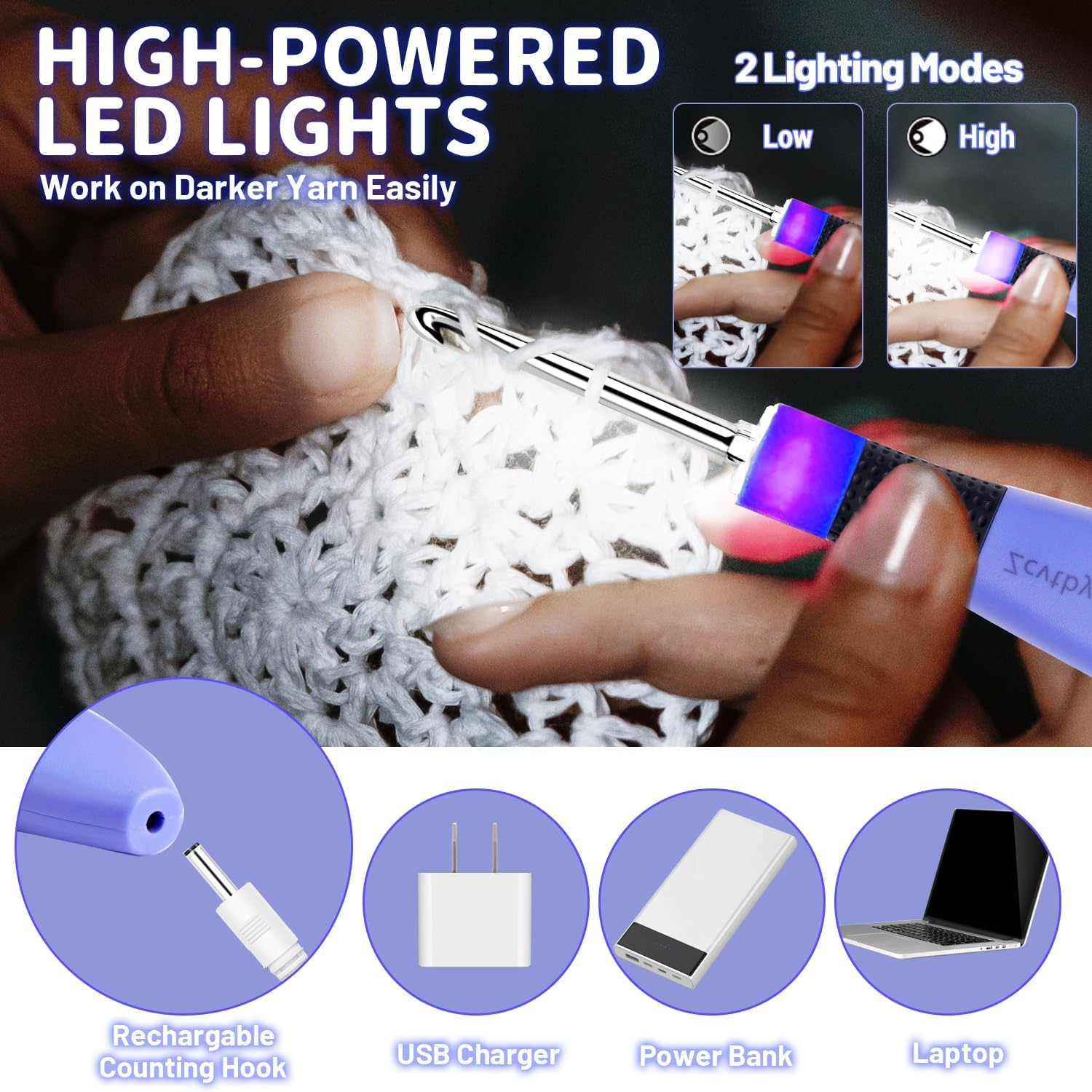 Light up Crochet Hook Set with Stitch Counter Crochet Kit with 12 Different Size Interchangeable Crochet Needle,Ergonomic with 2 Levels Led and Digital Stitch Counter for Crocheting and Knitting