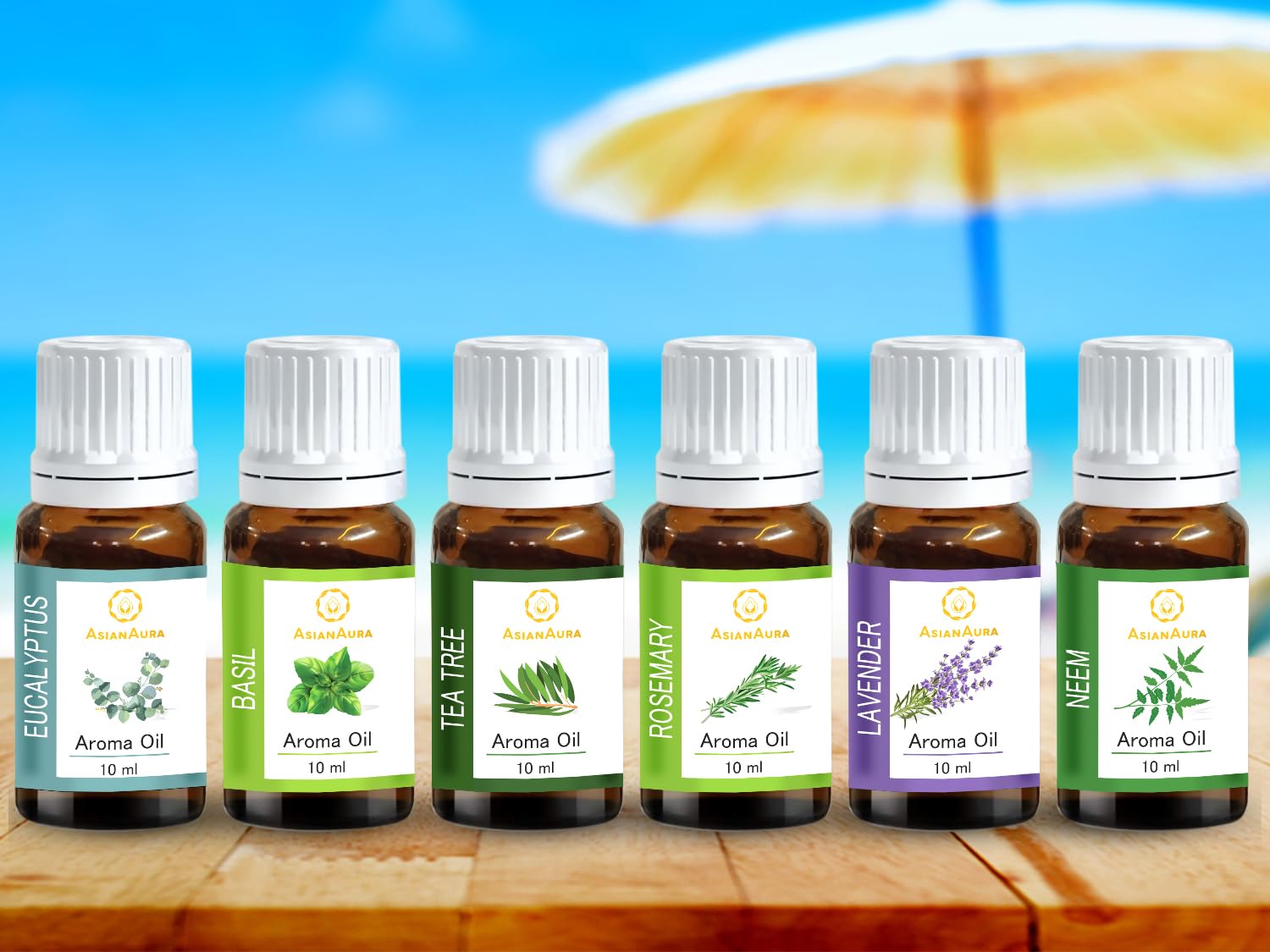 Asian Aura Eucalyptus, Basil, Tea Tree, Rose Mary, Lavender, Neem Aroma Oil, for Home Fragrance 10 Ml, Pack of 6 Diffuser Oils