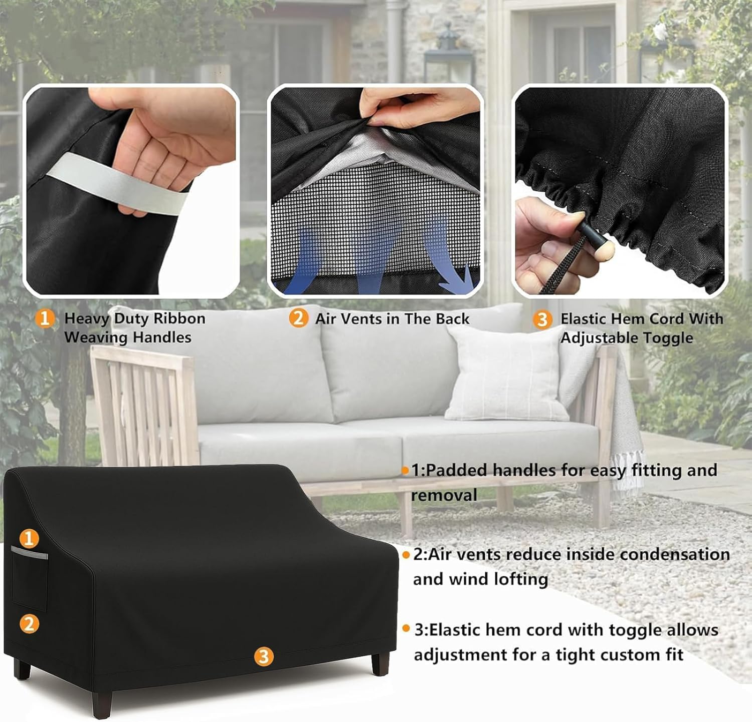 Waterproof Patio Loveseat Cover, 76W x 32.7D x 33H inches Heavy Duty 600D Weather-Resistant Outdoor Furniture Protector Black