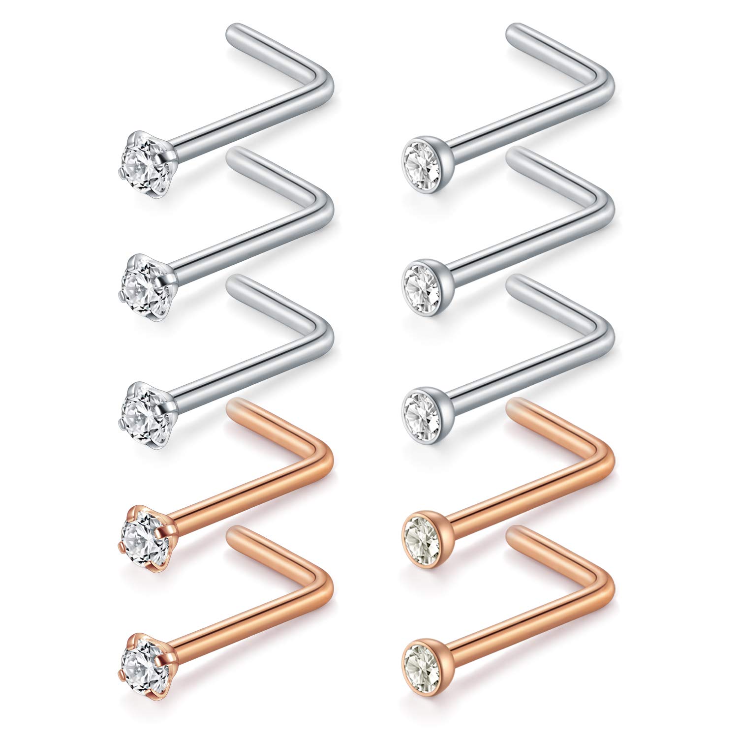 D.Bella 18G 20G Nose Studs Stainless Steel 2mm Opal CZ L Shaped Nose Rings Studs Nose Rings for Women Nostrial Piercing Jewelry