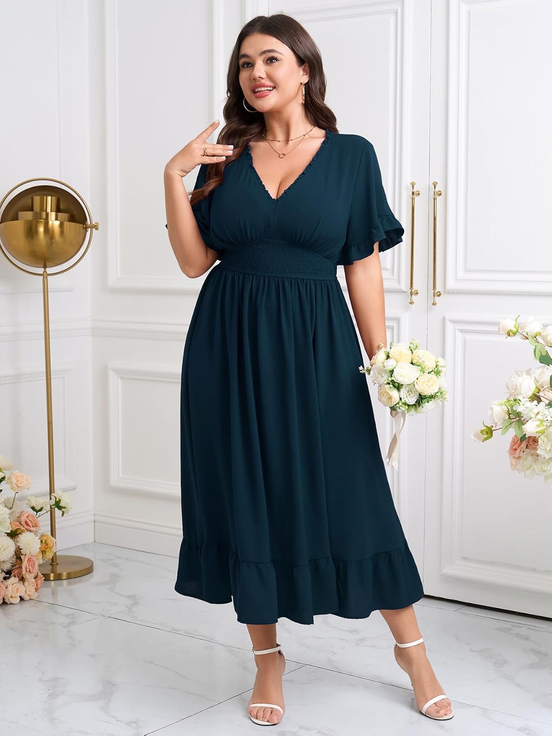 Women Plus Size V Neck Maxi Dress Short Sleeve Smocked Waist Ruffle Hem Flowy Summer Formal Wedding Guest Dresses - Image 2
