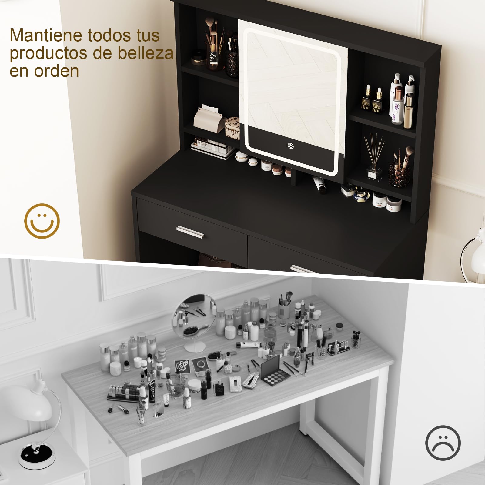 Airfish Tocador de Maquillaje con Espejo y Luces LED, 3 Colores Brillo Ajustable, Mesa de Maquillaje con Espacio para Joyas, Estantes Ajustables,9 Ganchos y 2 Cajones, 90x40x135,8 CM Moderno, Negro