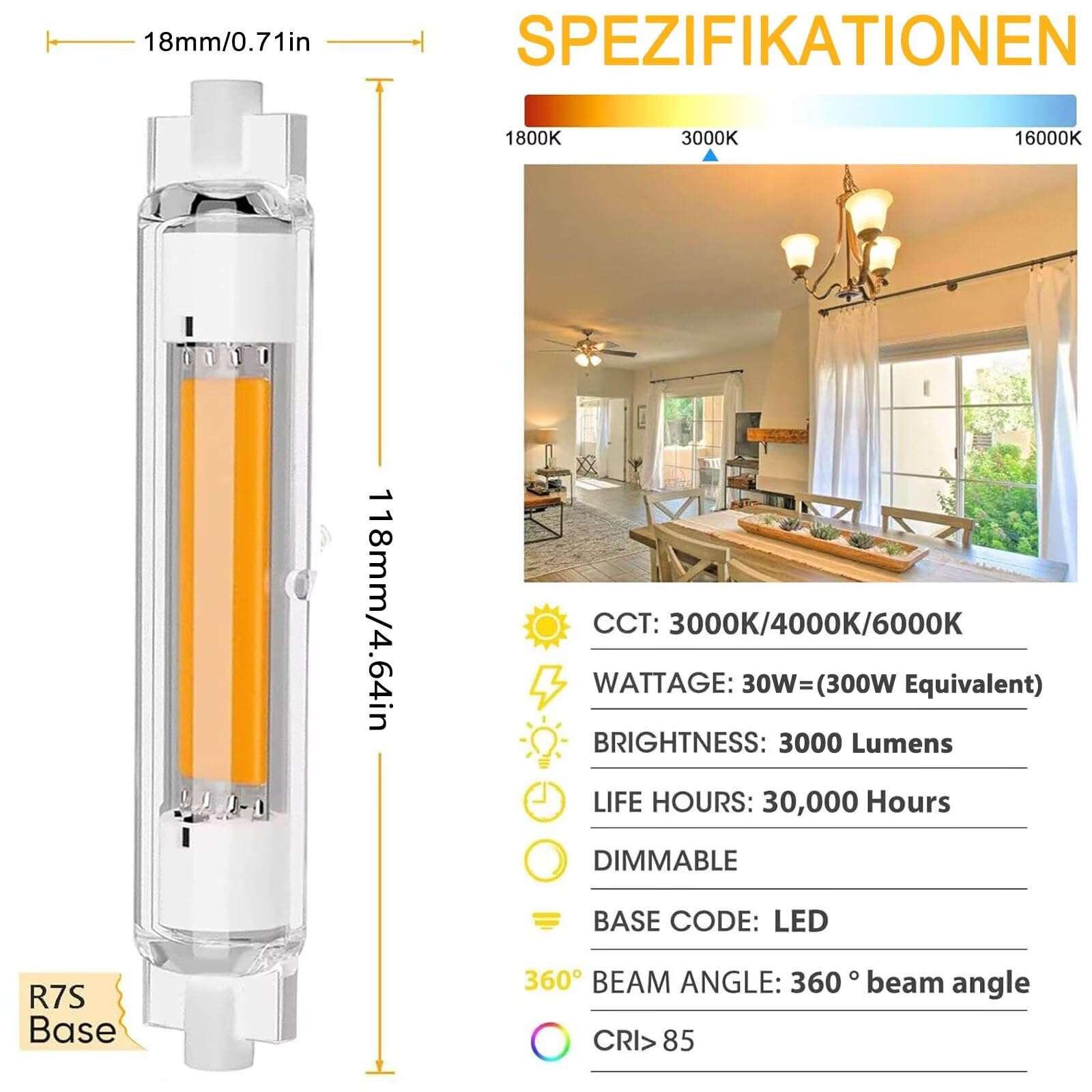 R7S LED 118mm Dimmbar 30W Lampen Ersatz für 300W Halogen Glühbirnen, LED R7S 118mm Warmweiß 3000K 3000 LM, 360°Abstrahlwinkel, Kein Flackern für Deckenfluter Stehlampe Wandleuchte, 6er Pack