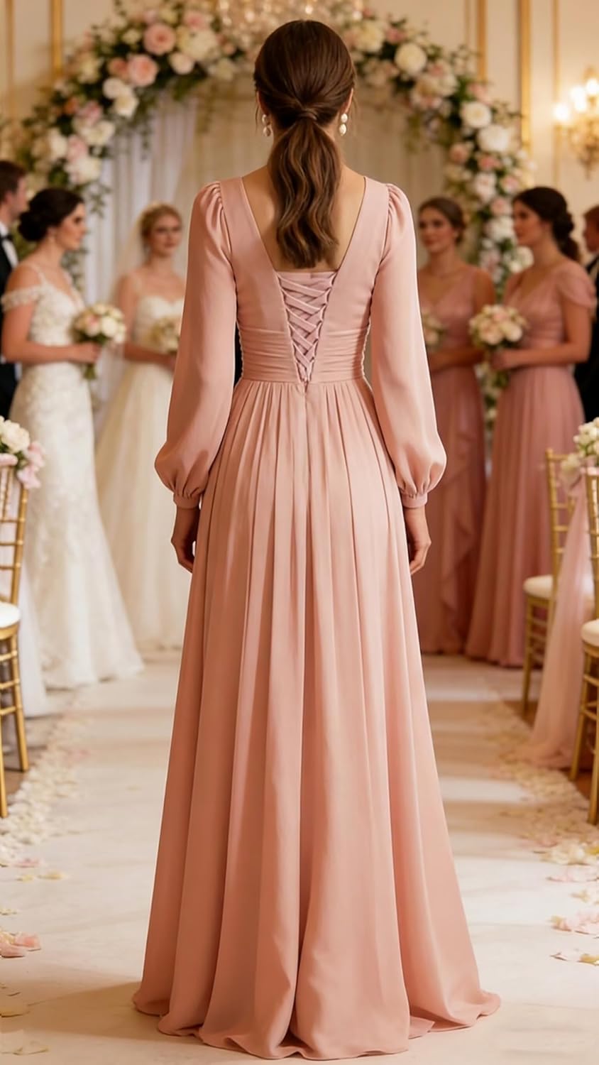 Long Sleeve Pleated Bridesmaid Dress Ruffle Chiffon V Neck A Line Formal Evening Dress with Pockets - Image 2