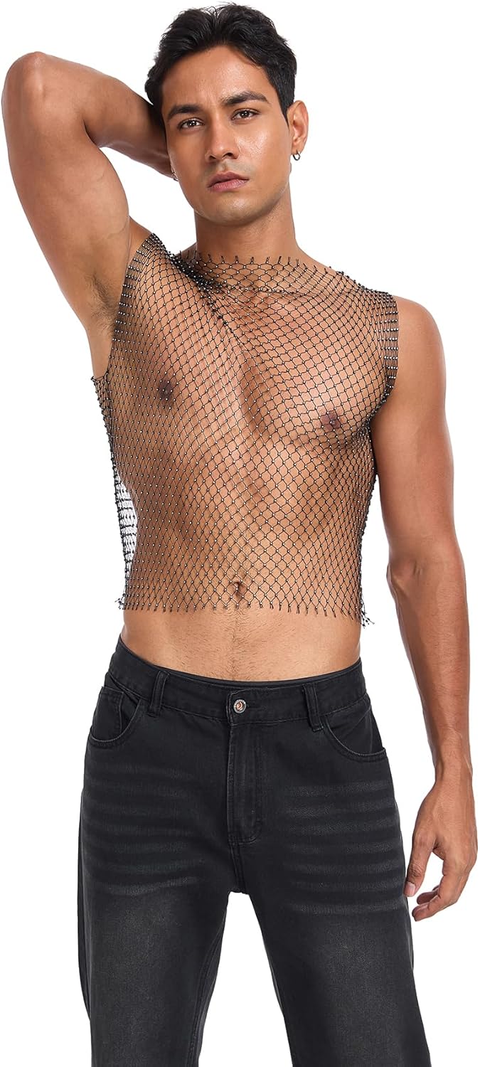 CYCLAMEN Rhinestone Mens Tank Tops Fishnet Sparkly Diamond Sleeveless Shirt See Through Festival Sexy Outfits Rave Party - Image 6