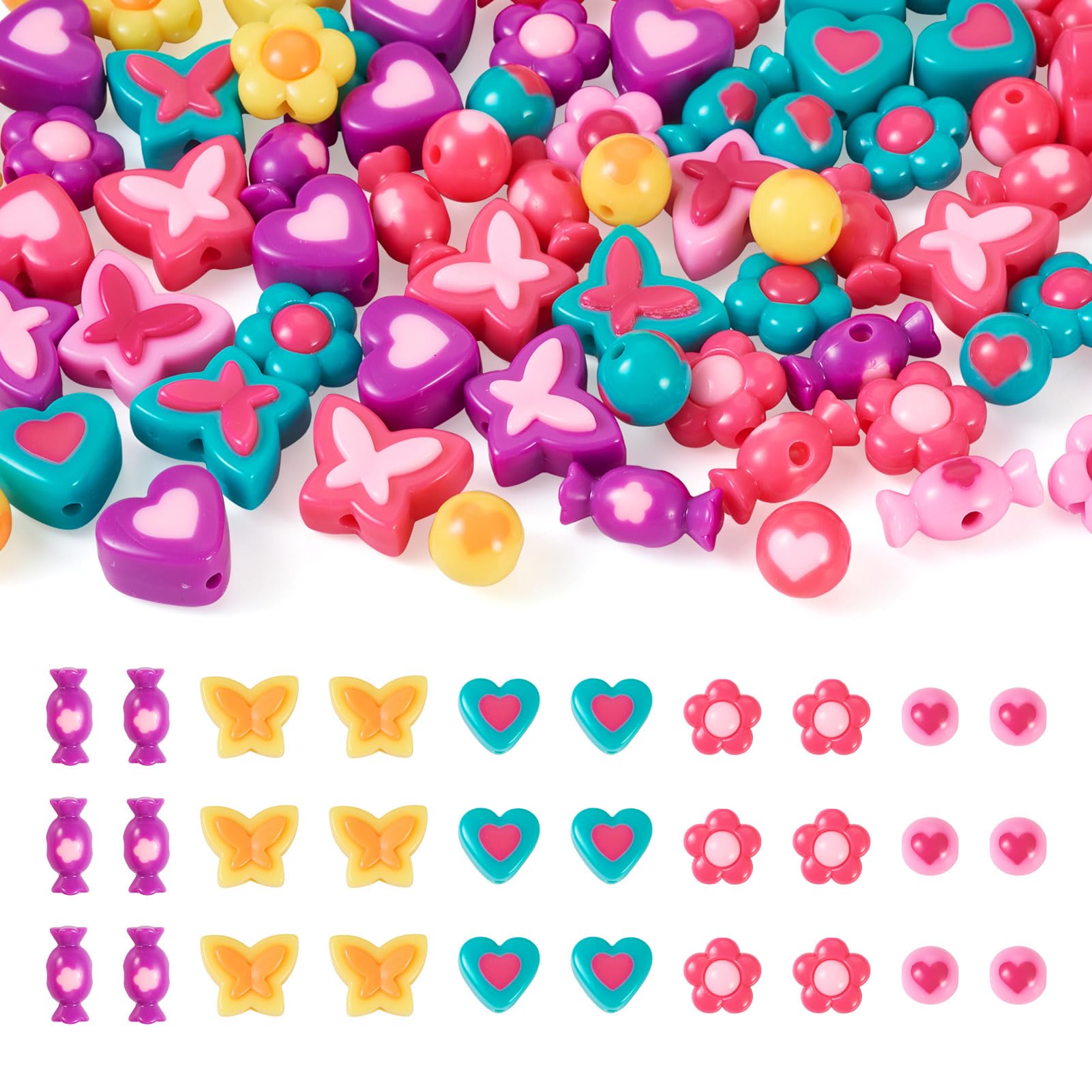 Magibeads 75 PCS Opaque Acrylic Resin Beads 5 Styles Cute Round Flower Butterfly Heart Candy Loose Spacer Beads Kawaii Fun Beads for Bracelets Necklace Jewelry DIY Craft Making Supplies