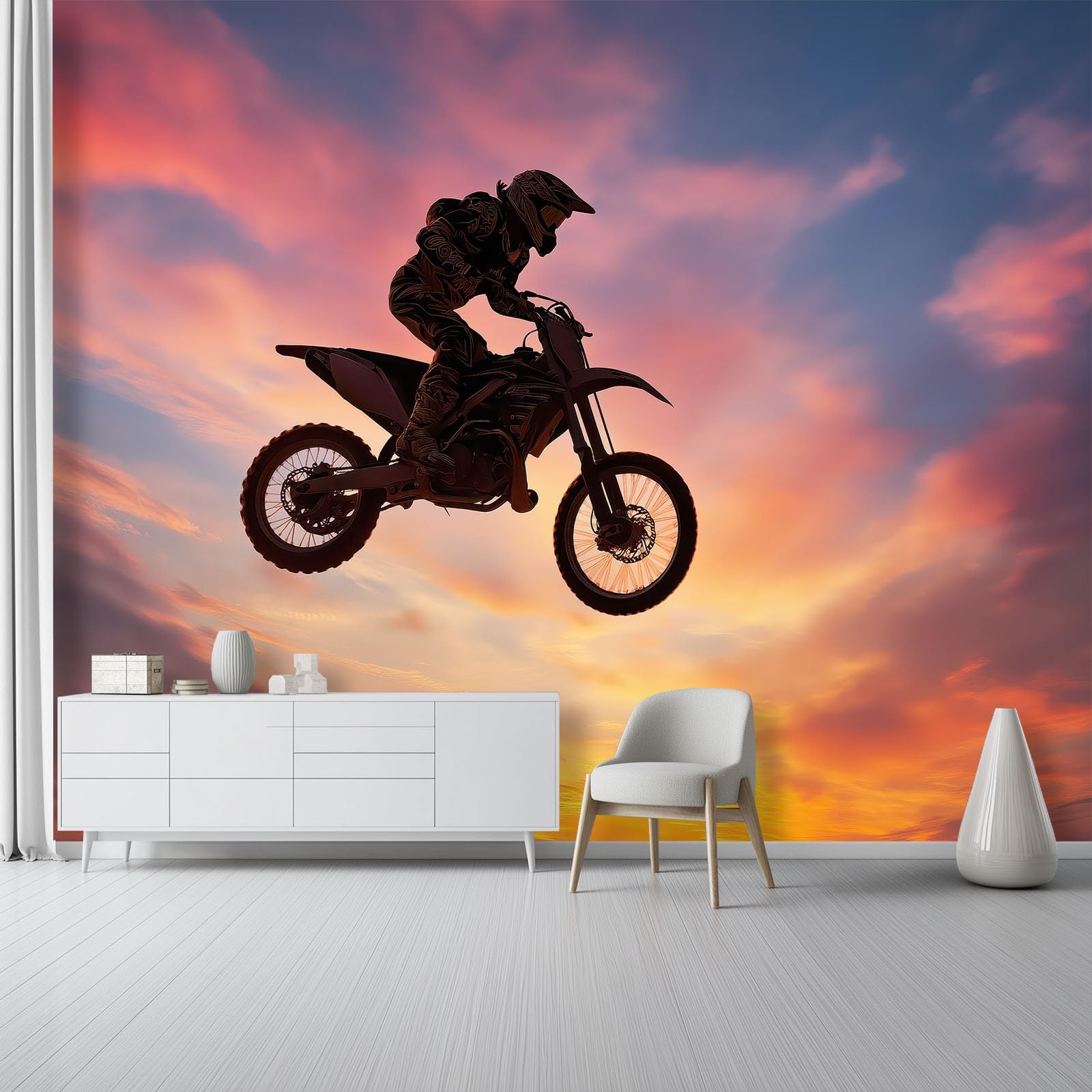 Duża fototapeta z włókniny 350 x 256 cm, dla motocyklistów, wyścigów terenowych, tapeta do sypialni i salonu, żółty zachód słońca