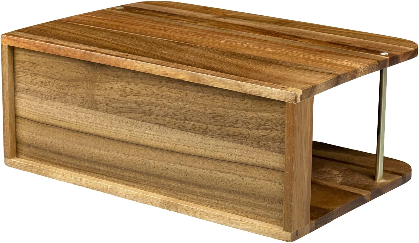 MyGift Premium Hotel Series Solid Acacia Wood Tabletop Magazine Holder Stand with Brass Tone Metal Accent, Freestanding Wooden Rack for Magazines Newspapers Files