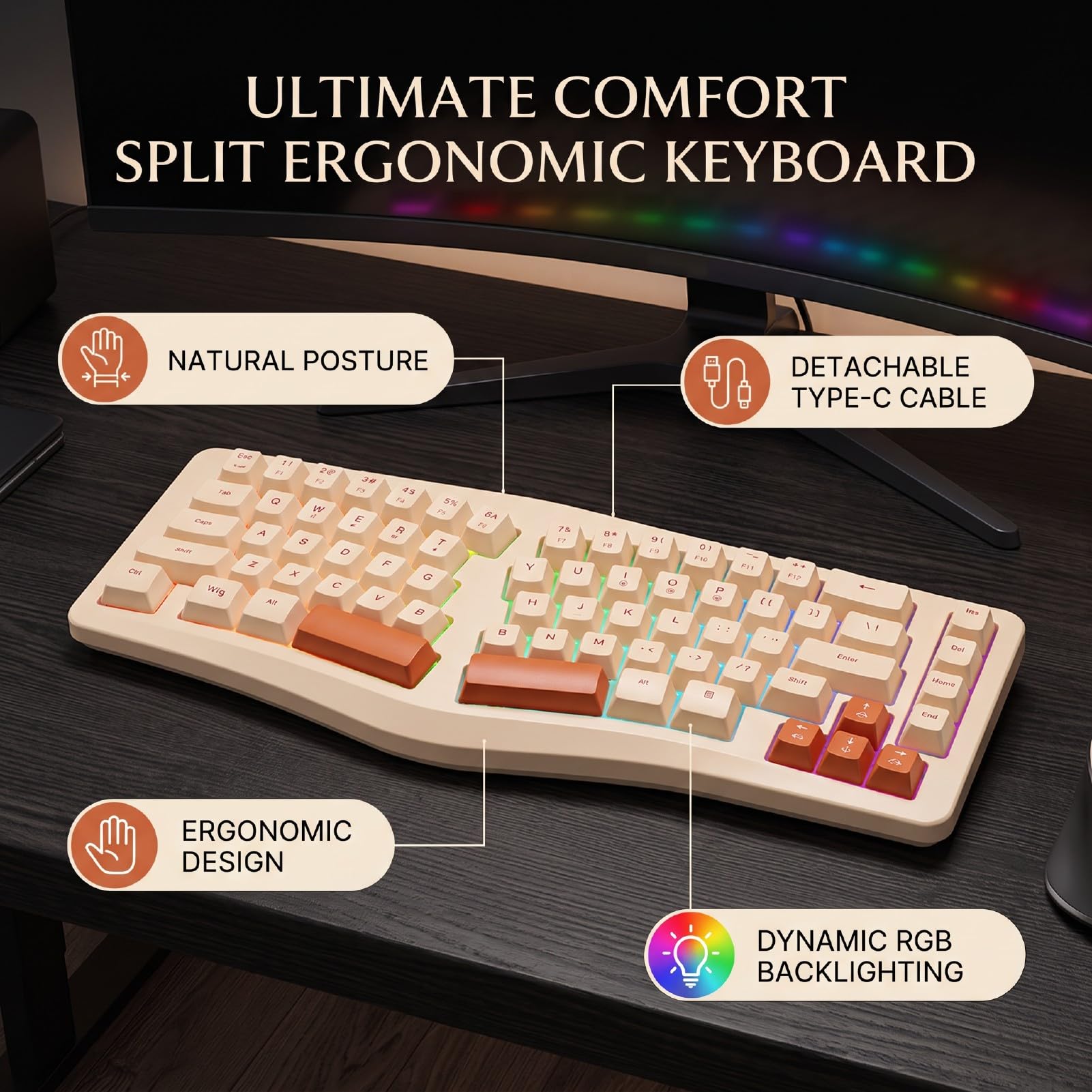 Sxhlseller Cavo USB Tastiera Ergonomica Divisa con 69 Tasti