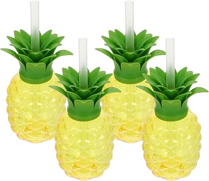 4Pcs Pineapple Shaped Plastic Cups Reusable Drinking Mugs with Lids & Straws for Hawaii Luau Birthdays Party Supplies Pineapple Cups with Straws