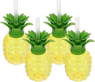 4Pcs Pineapple Shaped Plastic Cups Reusable Drinking Mugs with Lids & Straws for Hawaii Luau Birthdays Party Supplies Pineapple Cups with Straws