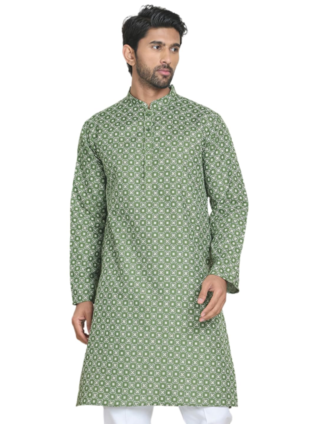 jompers Men's Geometric Printed Kurtas. (Olive,S)-picture-11