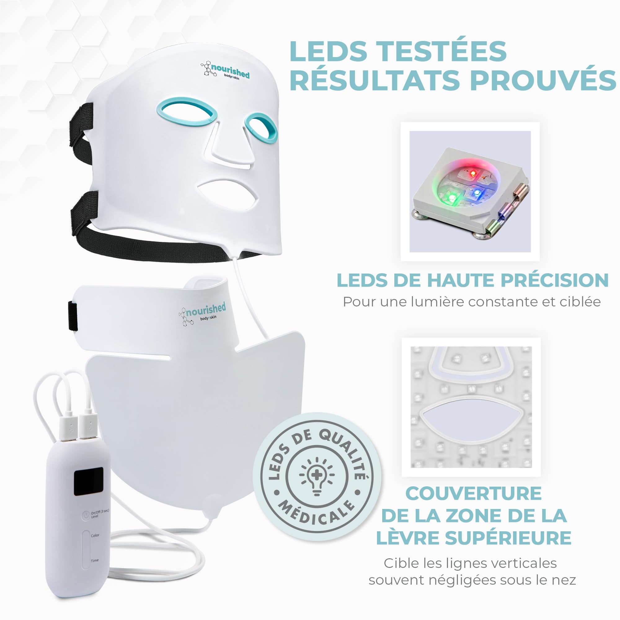 Nourished Bodynskin Masque Visage et Cou de Luminothérapie LED - Appareil de Soin de la Peau du Visage - 7 Couleurs Rouge et Bleu - Rajeunissement, Produit Anti-âge pour les Rides.