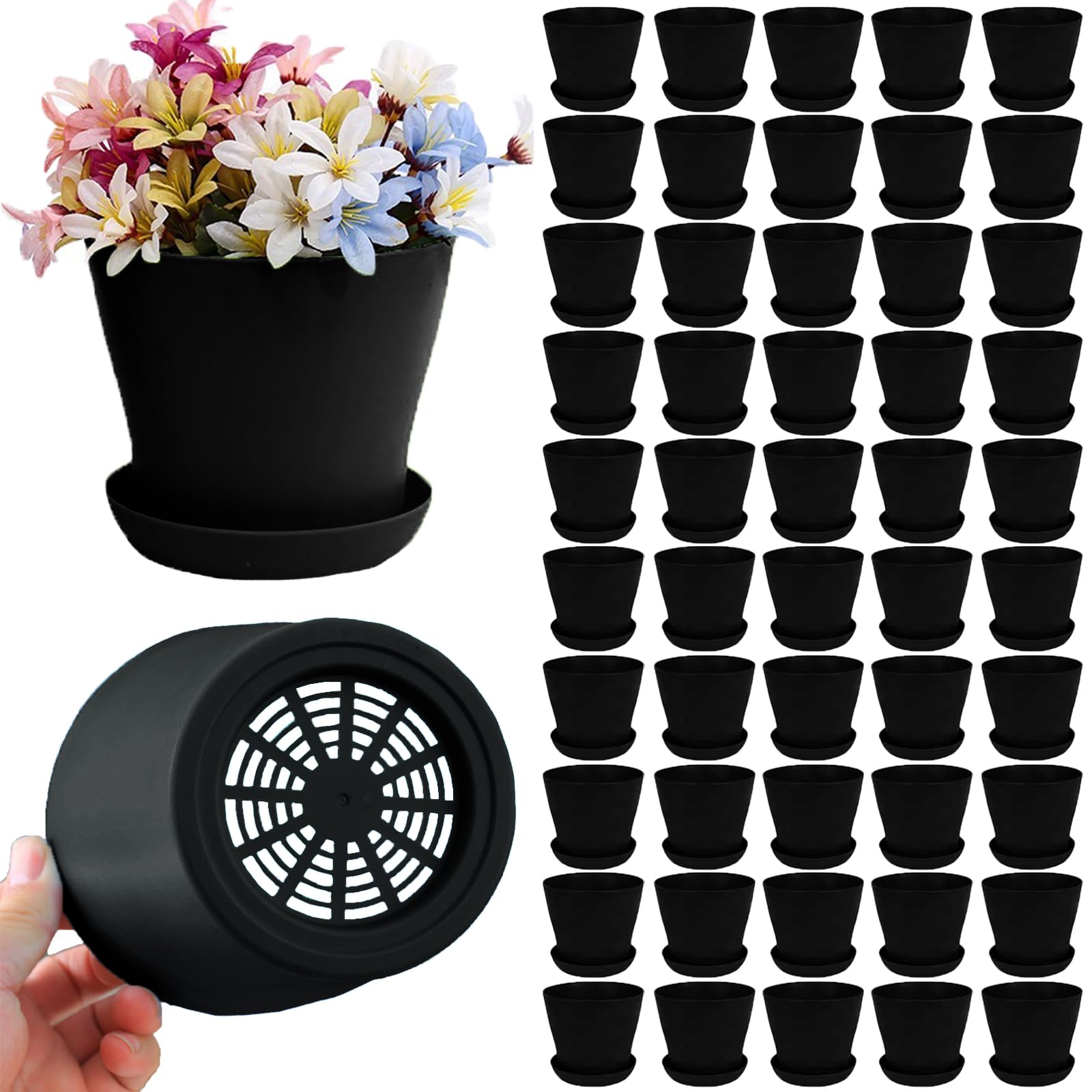 Lot de 50 petits pots de fleurs en plastique de 10,2 cm avec trous de drainage pour plantes grasses, cactus, herbes, violet africain (noir, 10,2 cm)