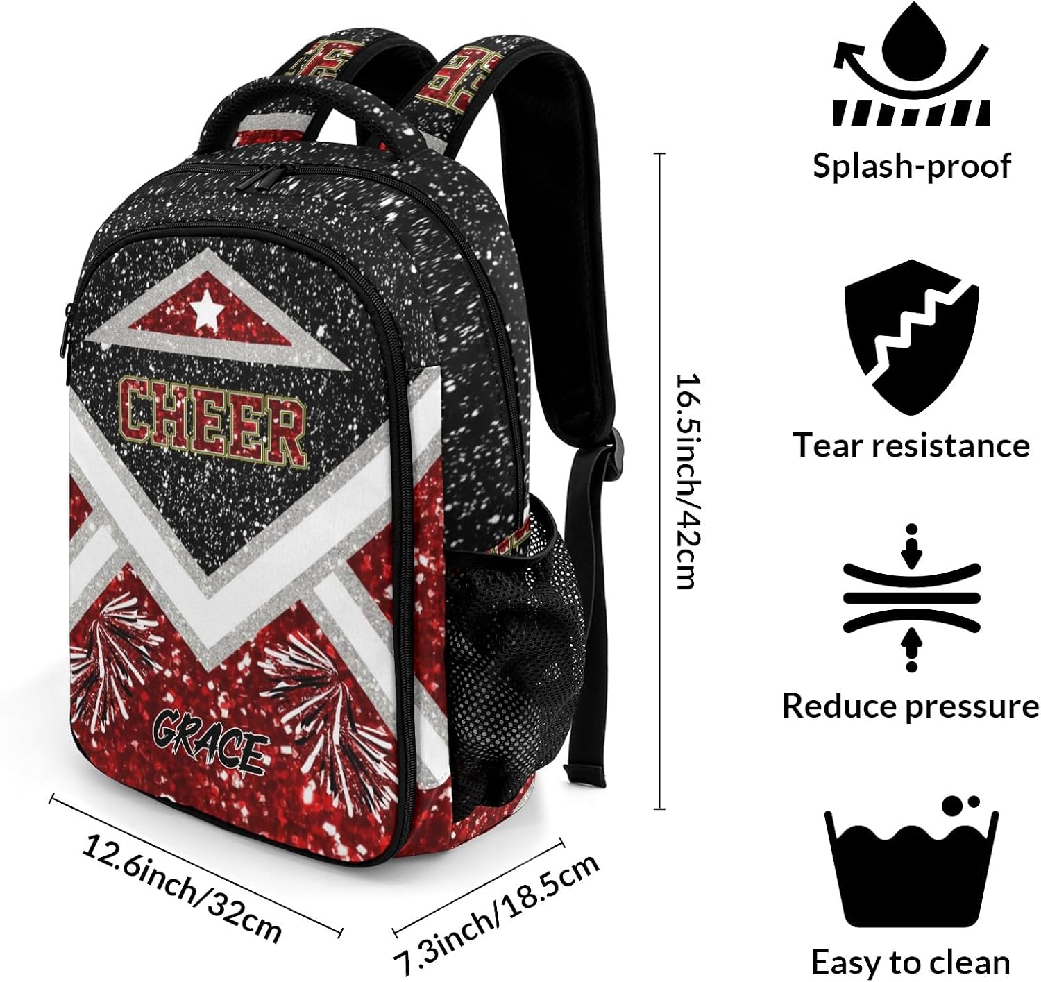 Cheer Cheerleader Black Red Backpack Waterproof Shoulder Laptop Bag for Sport Competition Training Coach Gift